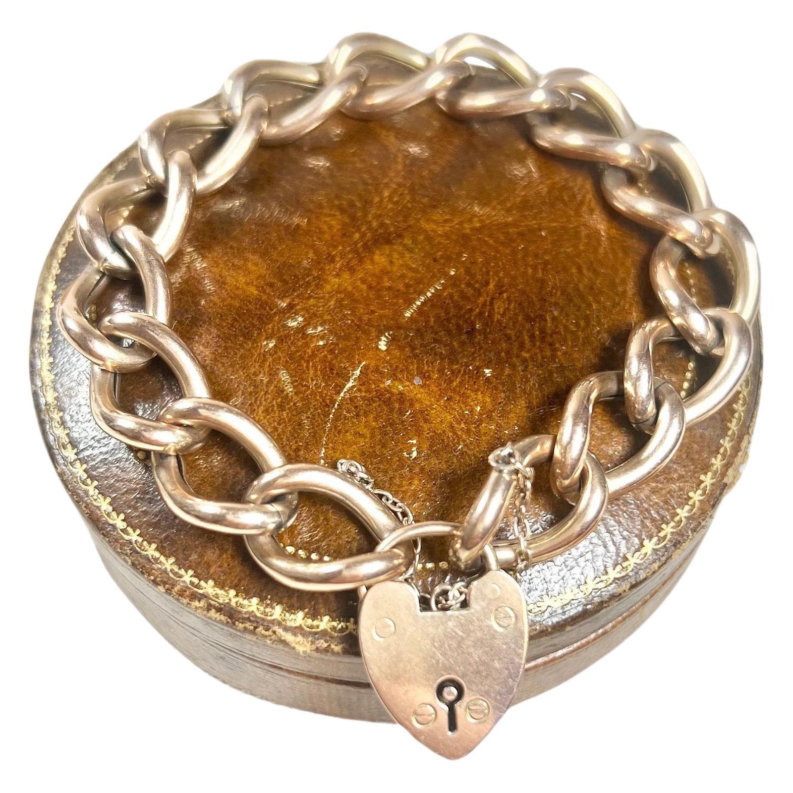Antique 9ct Rose Gold Edwardian Open Curb Link, Heart Padlock Bracelet