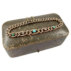 Antique 9ct Rose Gold Edwardian Open Curb Link Turquoise & Pearl Bracelet