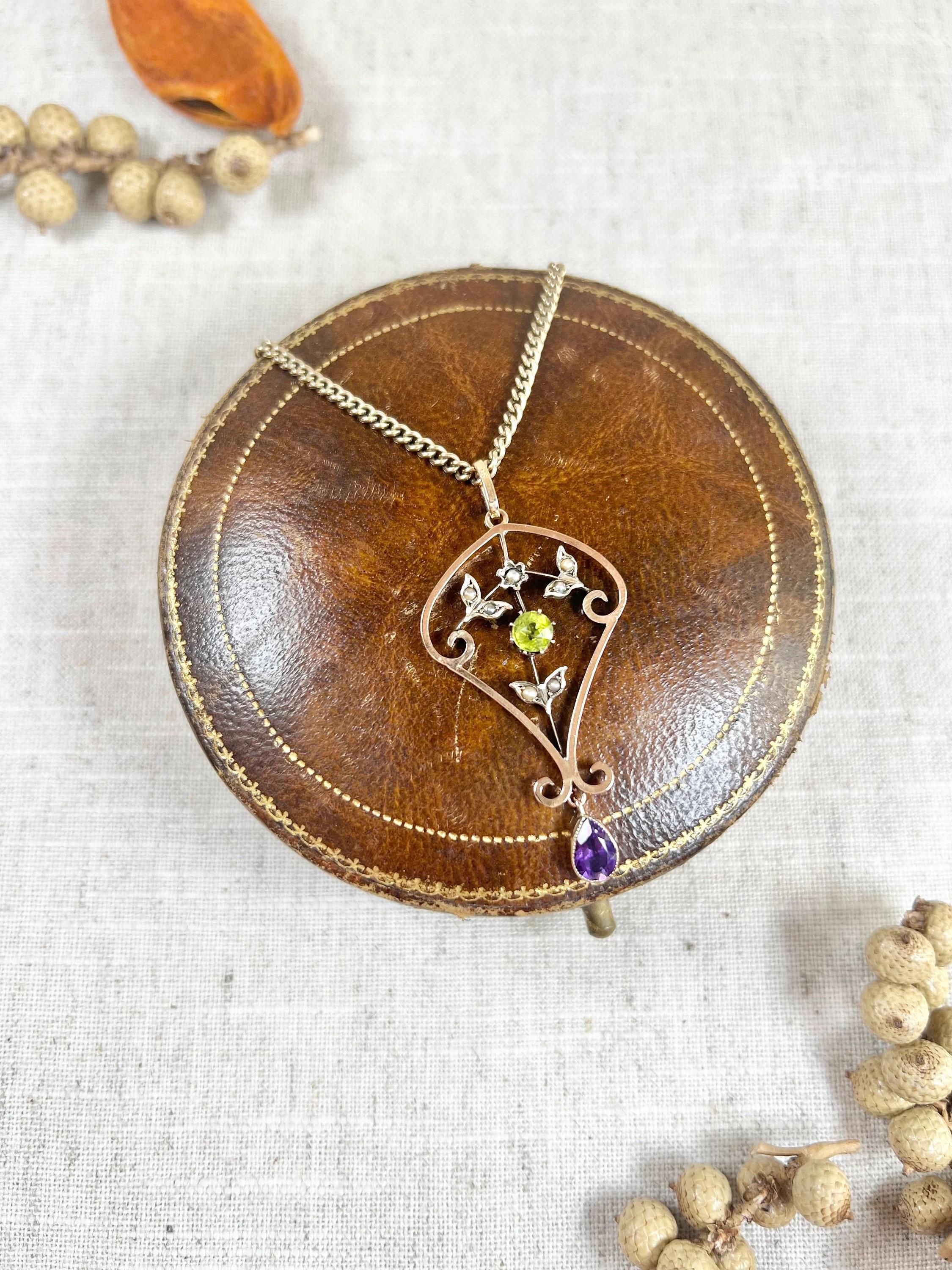 Antique 9ct Rose Gold Edwardian Peridot Amethyst and Pearl Suffragette Pendant  For Sale 1