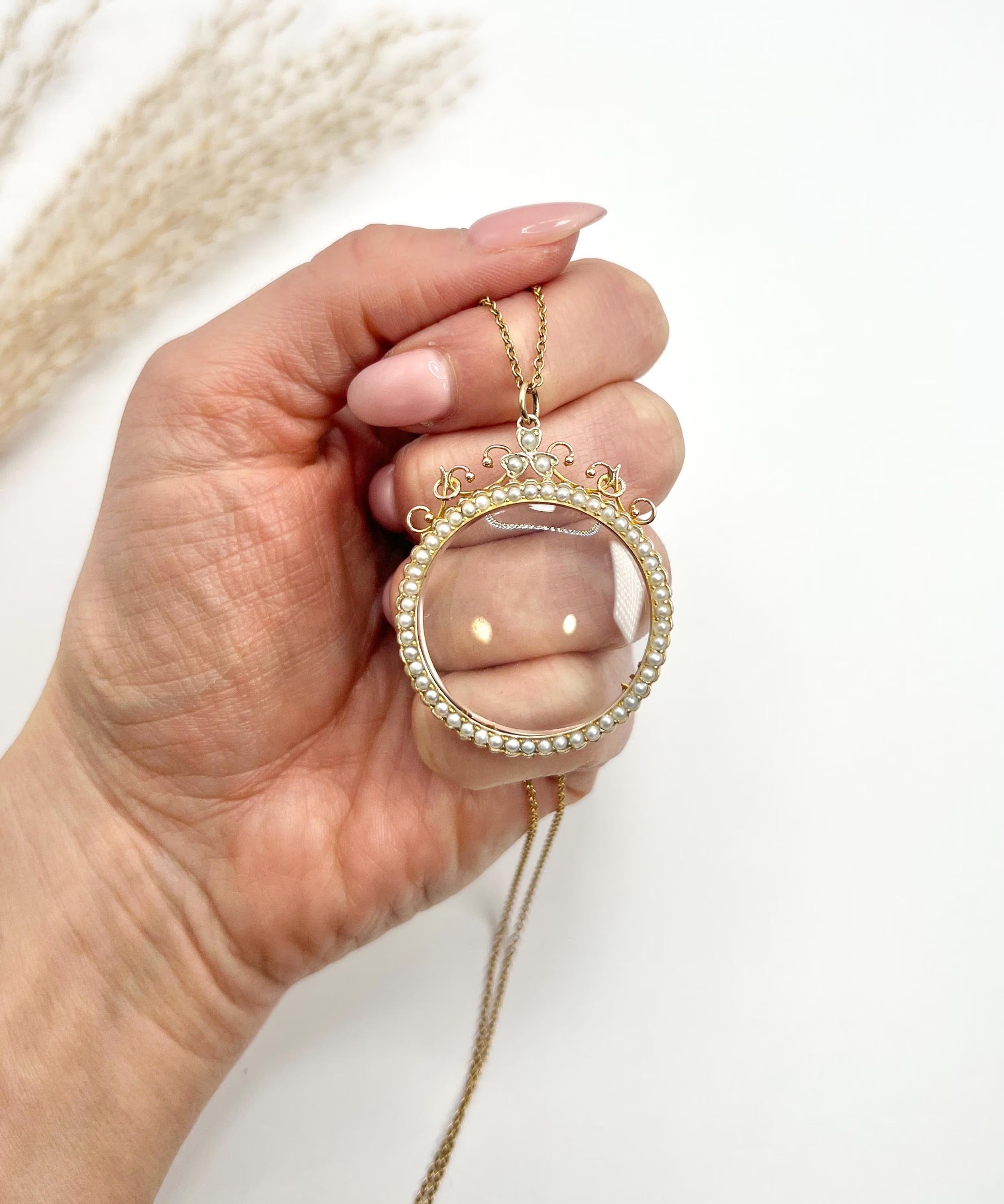 Antique 9ct Rose Gold, Edwardian Seed Pearl Glass Locket Pendant For Sale 1
