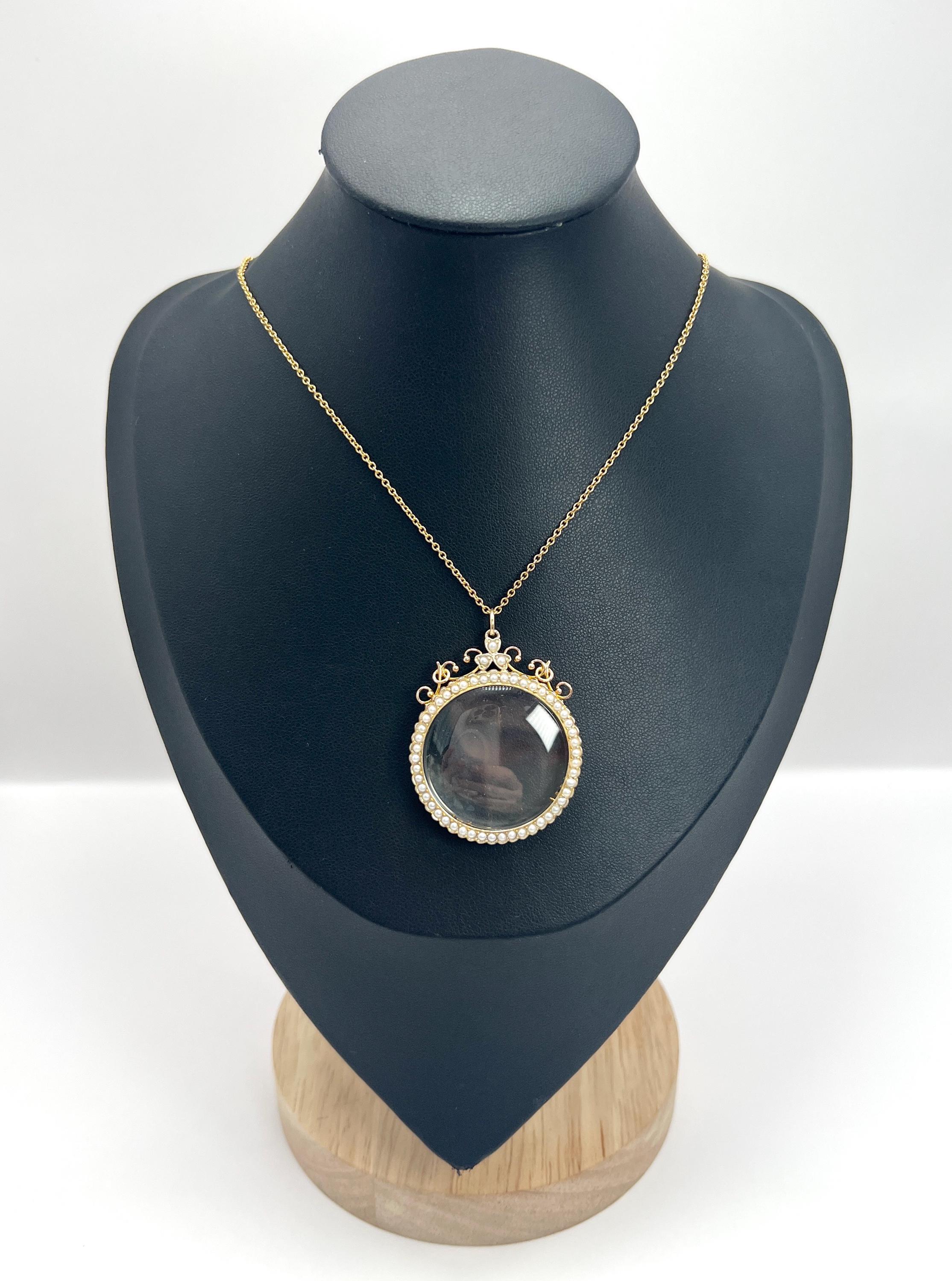 Antique 9ct Rose Gold, Edwardian Seed Pearl Glass Locket Pendant For Sale 2