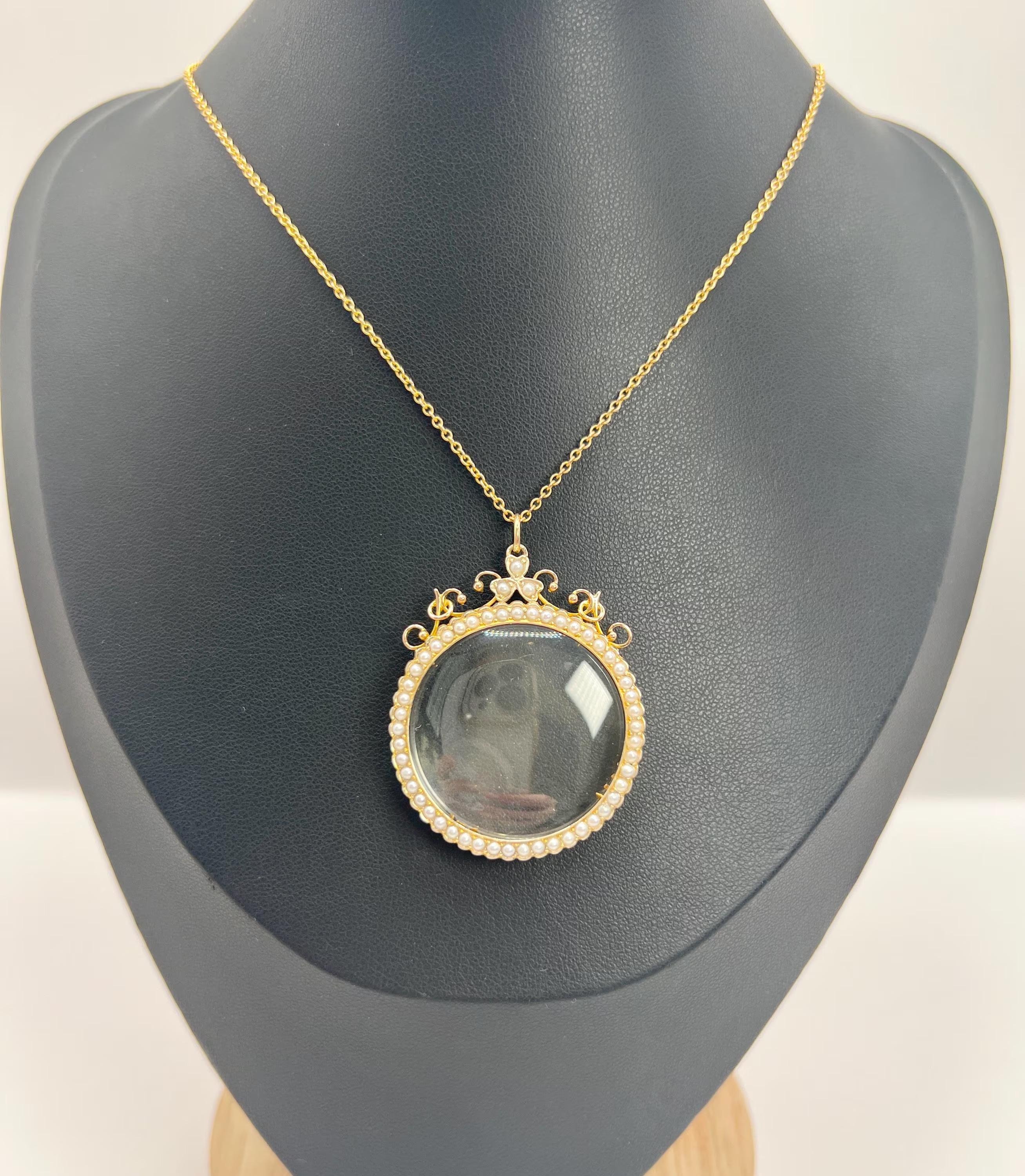 Antique 9ct Rose Gold, Edwardian Seed Pearl Glass Locket Pendant For Sale 3