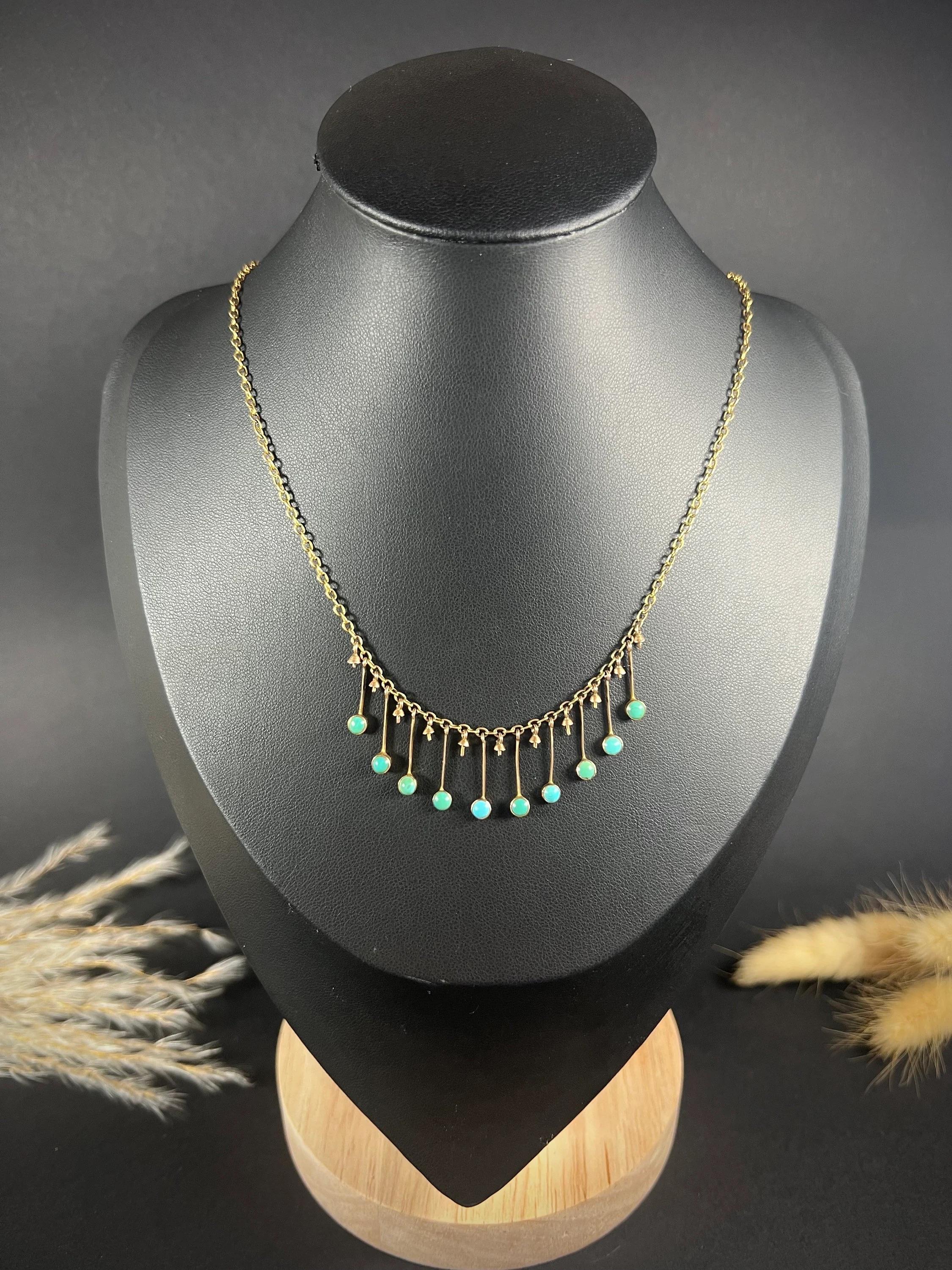 Round Cut Antique 9ct Rose Gold, Edwardian Turquoise Negligee Pendant Necklace For Sale