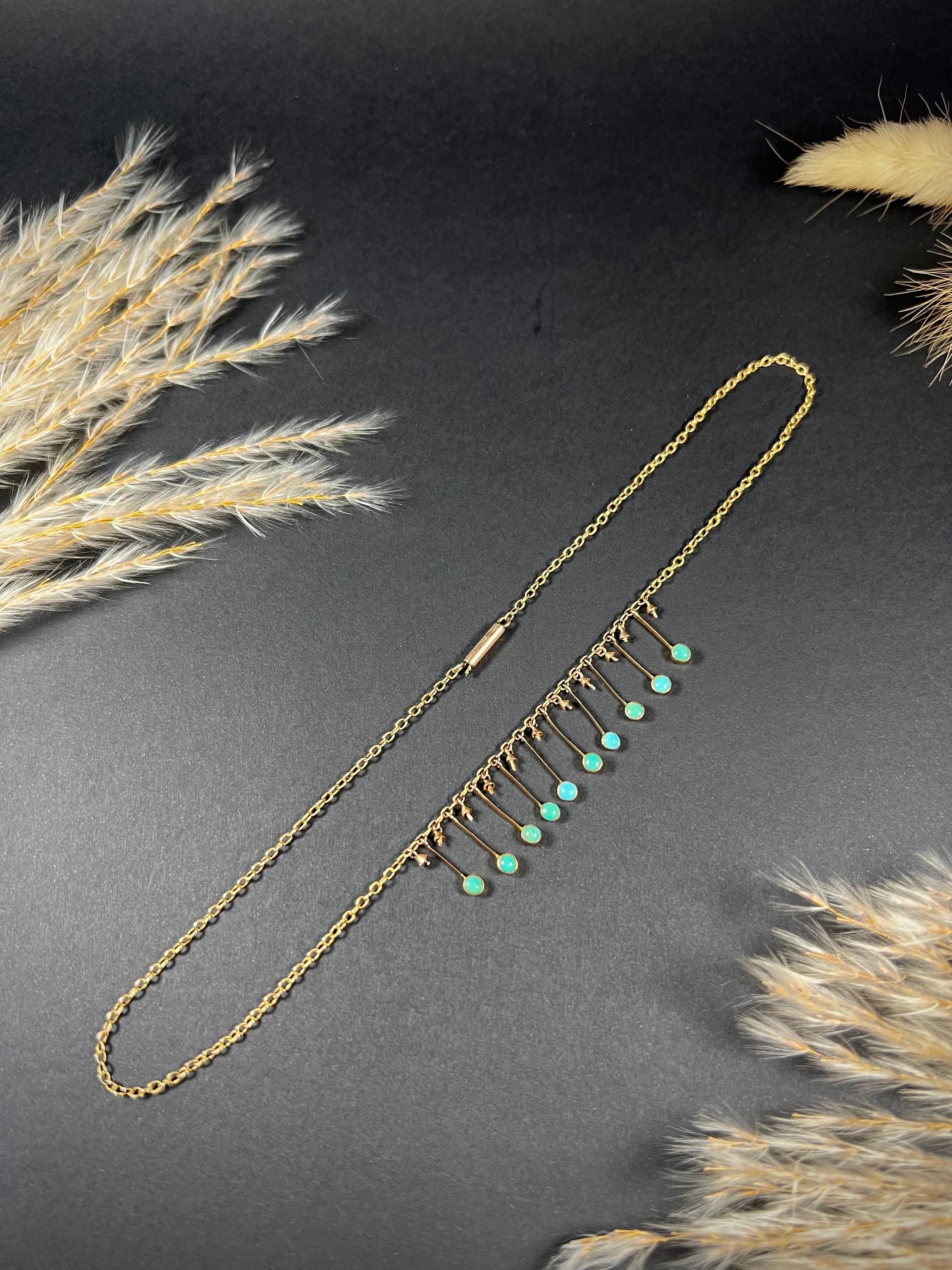 Women's or Men's Antique 9ct Rose Gold, Edwardian Turquoise Negligee Pendant Necklace For Sale