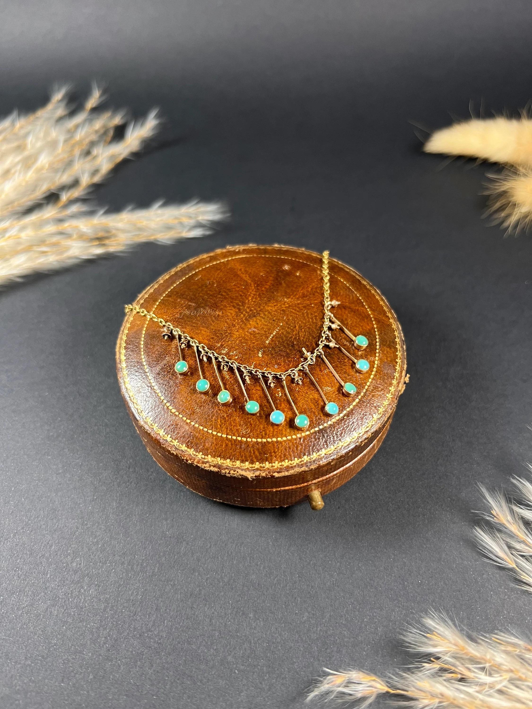 Antique 9ct Rose Gold, Edwardian Turquoise Negligee Pendant Necklace For Sale 2