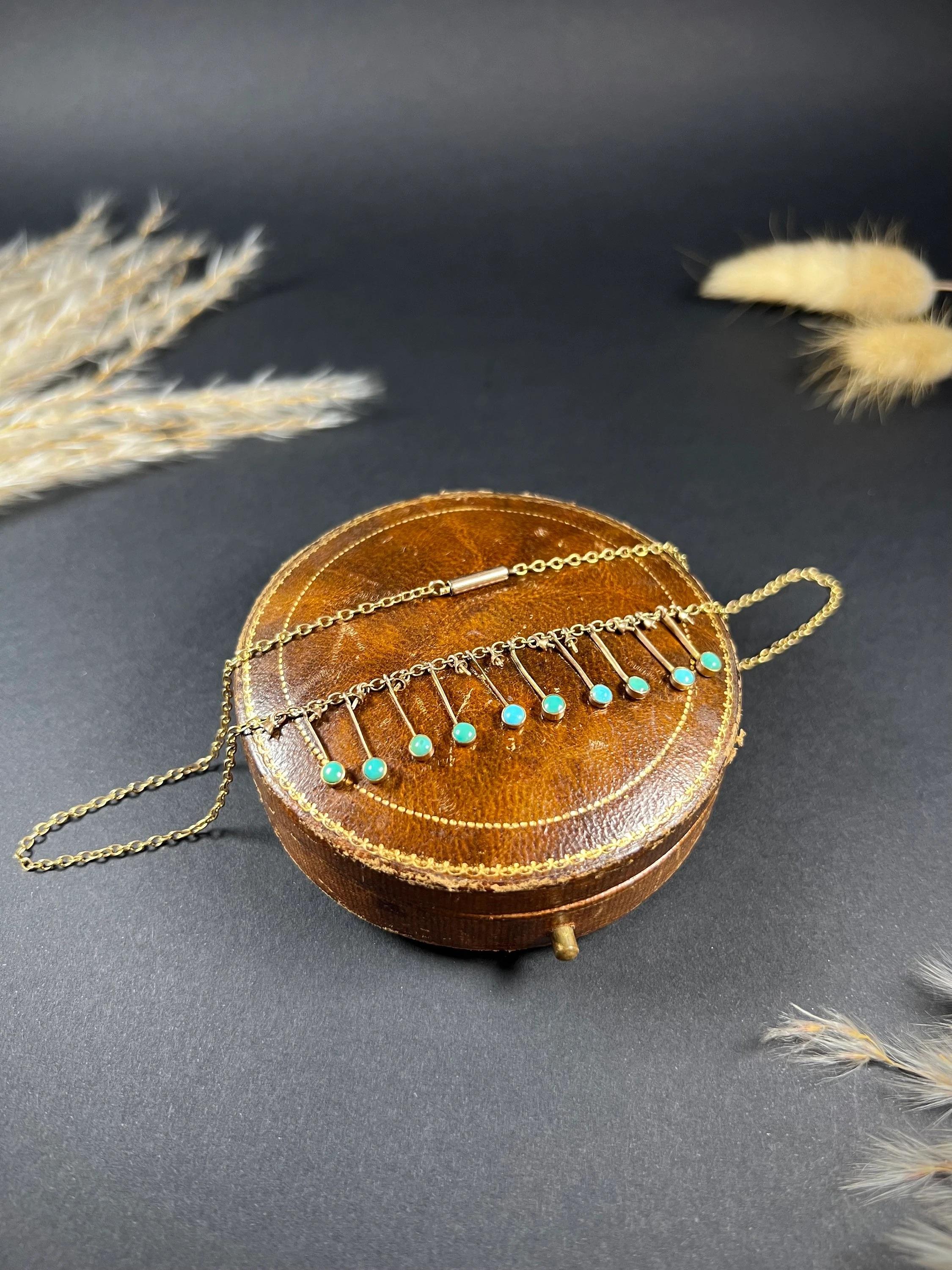 Antique 9ct Rose Gold, Edwardian Turquoise Negligee Pendant Necklace For Sale 3