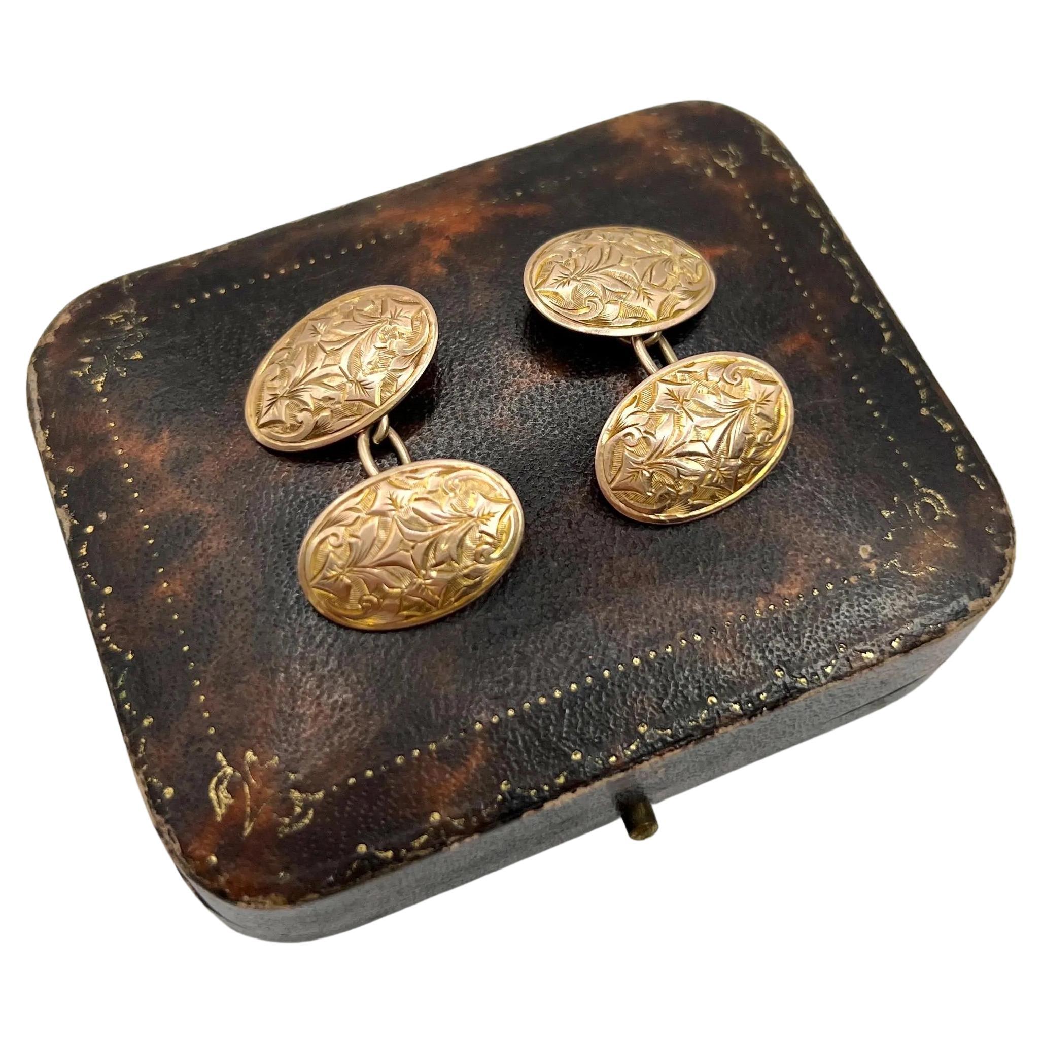 Antique 9ct Rose Gold, Engraved Oval Cufflinks, Hallmarked Chester 1922