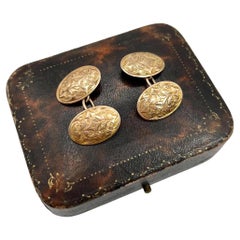 Antique 9ct Rose Gold, Engraved Oval Cufflinks, Hallmarked Chester 1922
