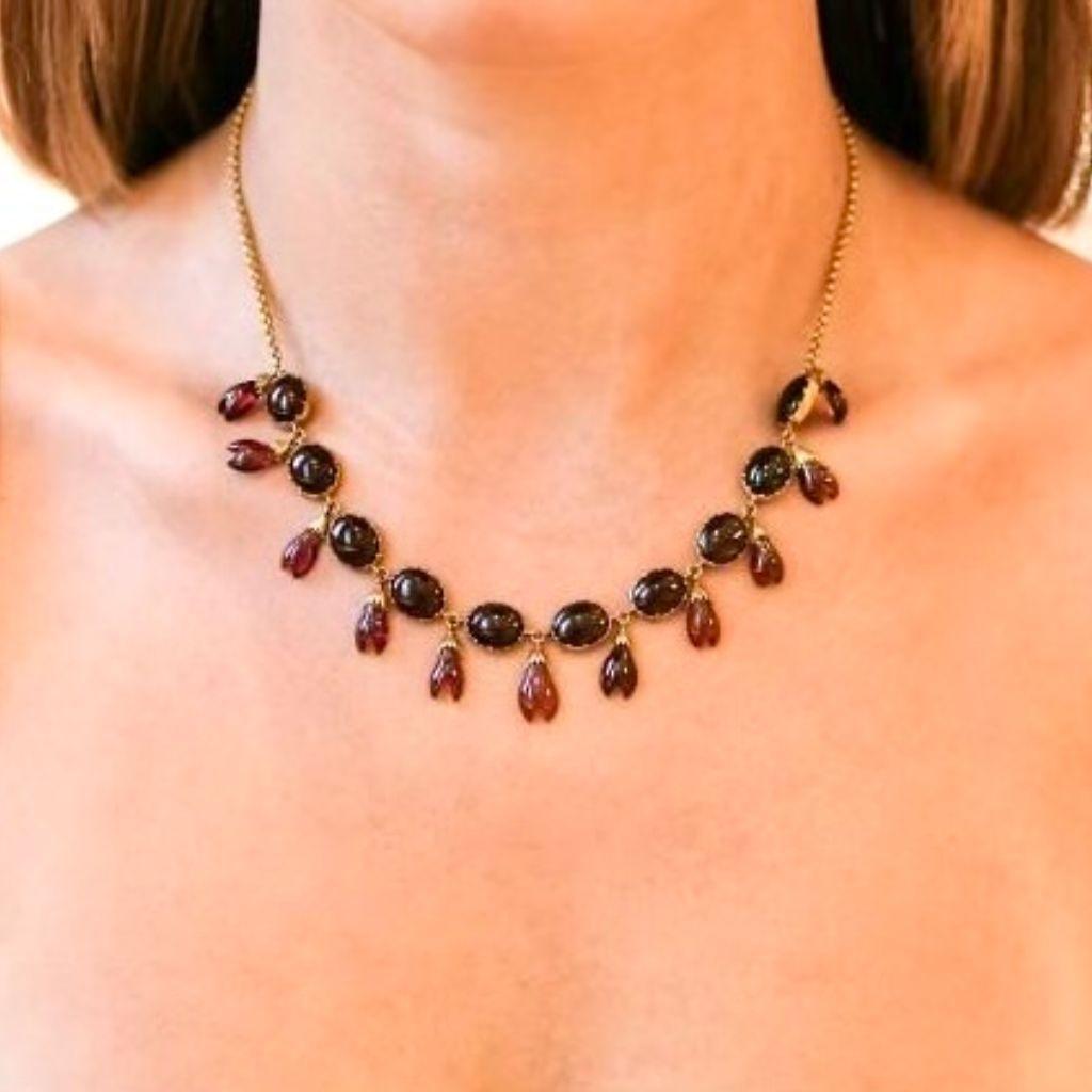 Edwardian Antique 9ct Rose Gold Garnet Demi-Parure Fringe Necklace And Earrings Circa 1900 For Sale