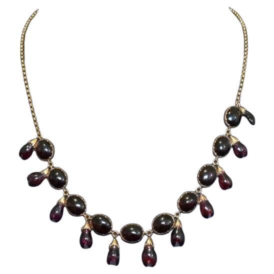 Antique 9ct Rose Gold Garnet Demi-Parure Fringe Necklace And Earrings Circa 1900 For Sale
