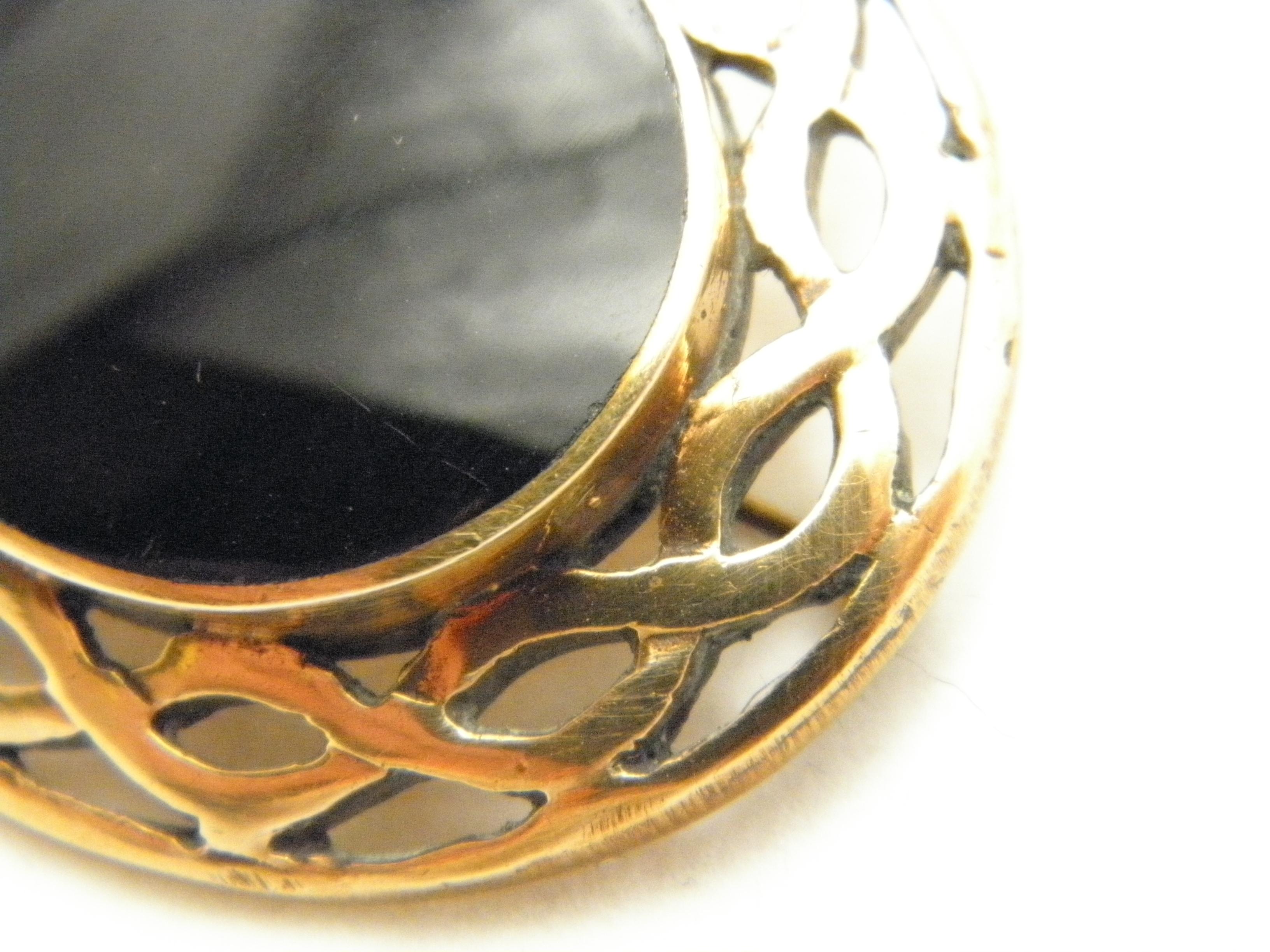Rose Cut Antique 9ct Rose Gold Onyx Celtic Morning Brooch Pin c1890 Heavy 23.2g 375 For Sale