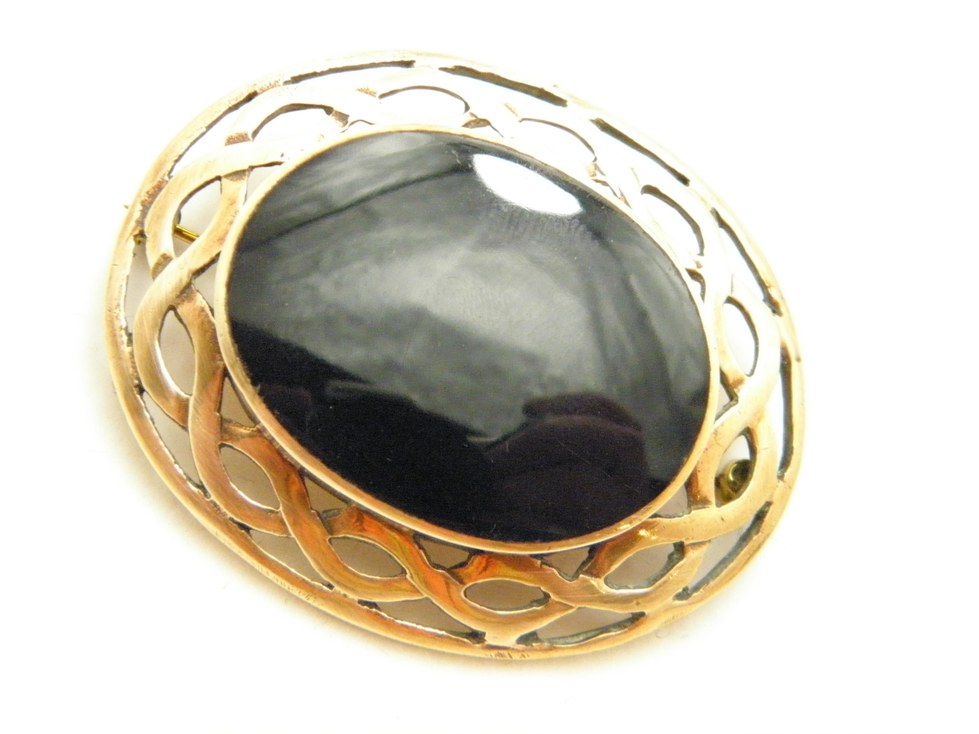 Antique 9ct Rose Gold Onyx Celtic Morning Brooch Pin c1890 Heavy 23.2g 375 In Good Condition For Sale In Camelford, GB