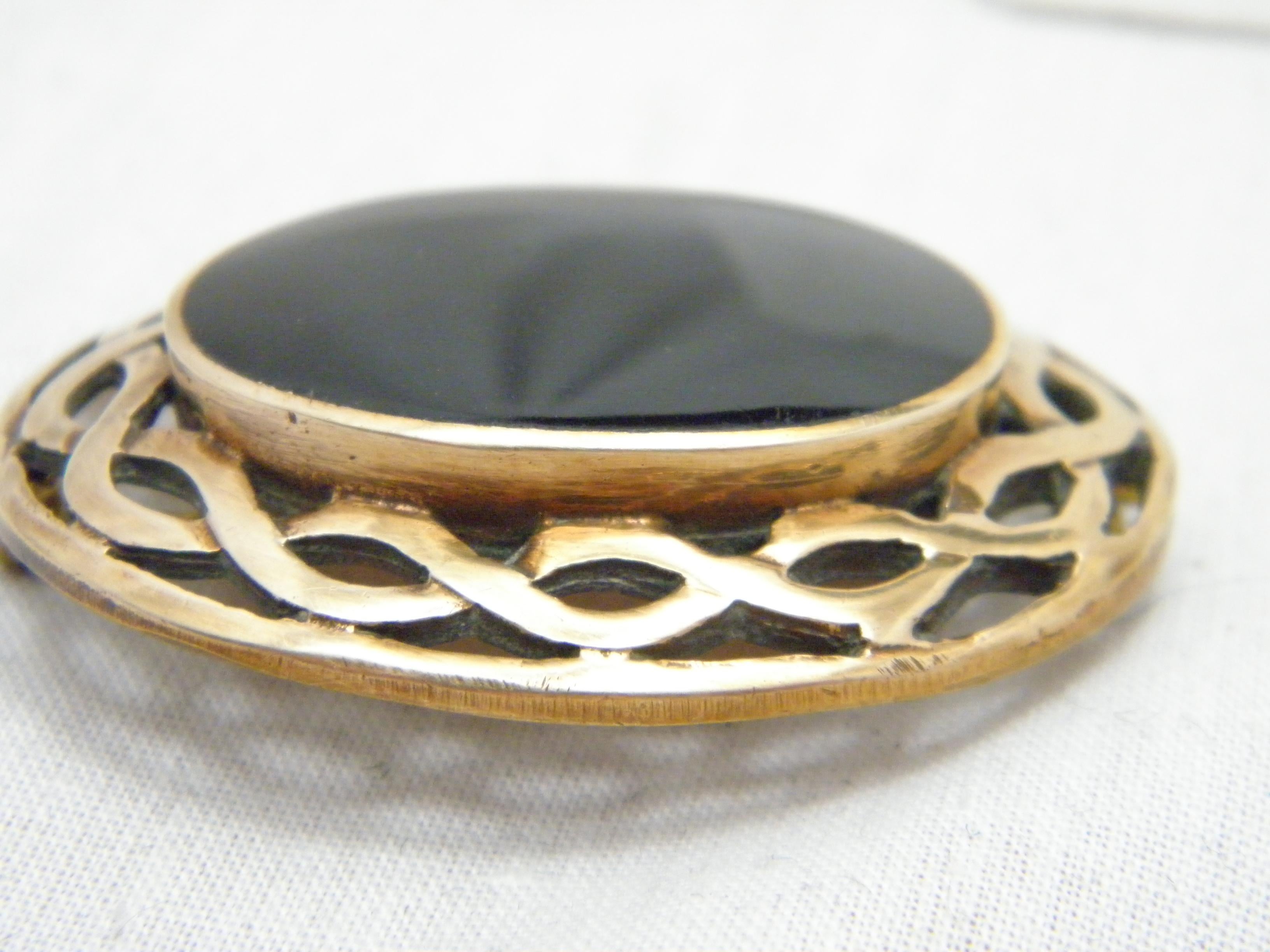 Women's or Men's Antique 9ct Rose Gold Onyx Celtic Morning Brooch Pin c1890 Heavy 23.2g 375 For Sale