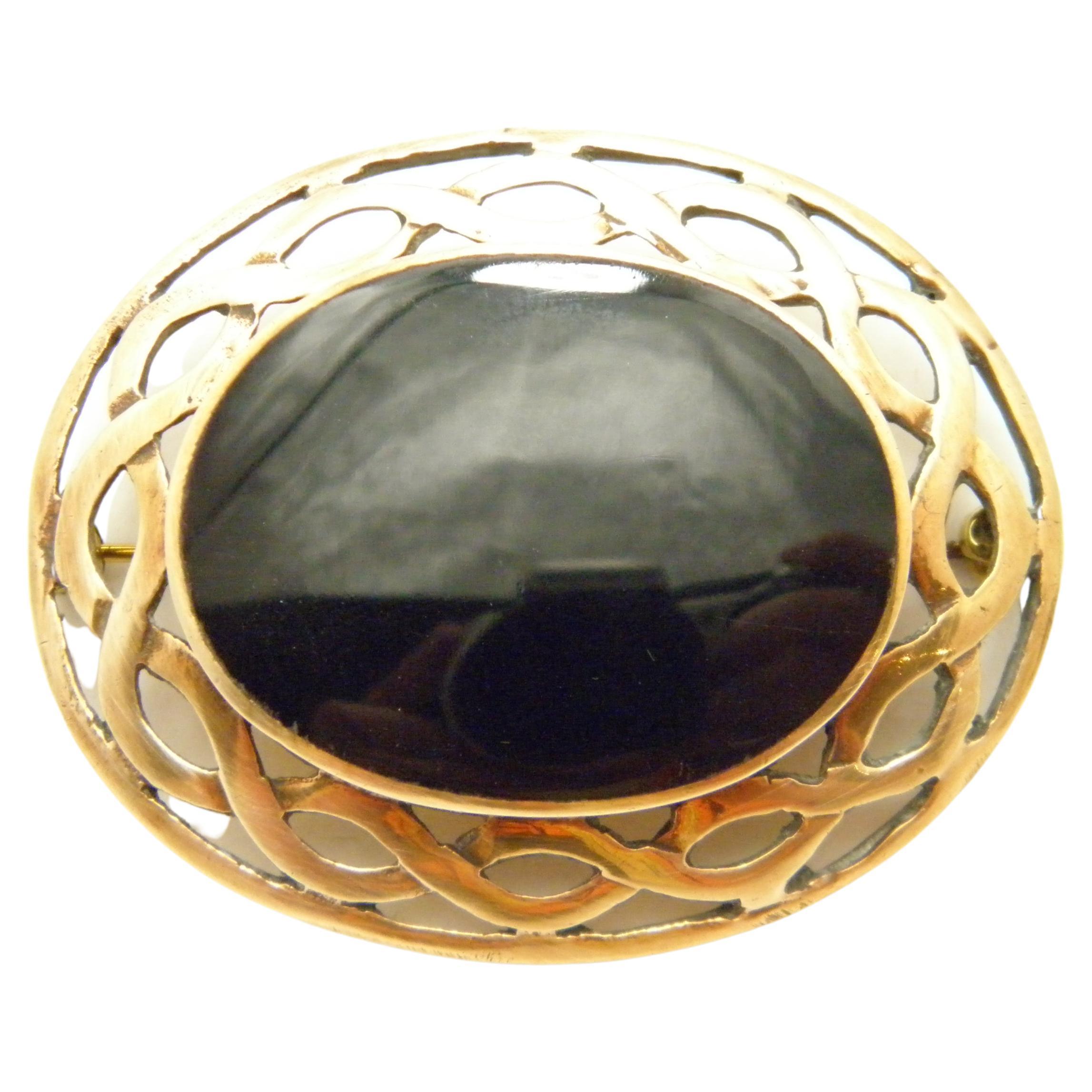Antique 9ct Rose Gold Onyx Celtic Morning Brooch Pin c1890 Heavy 23.2g 375 For Sale