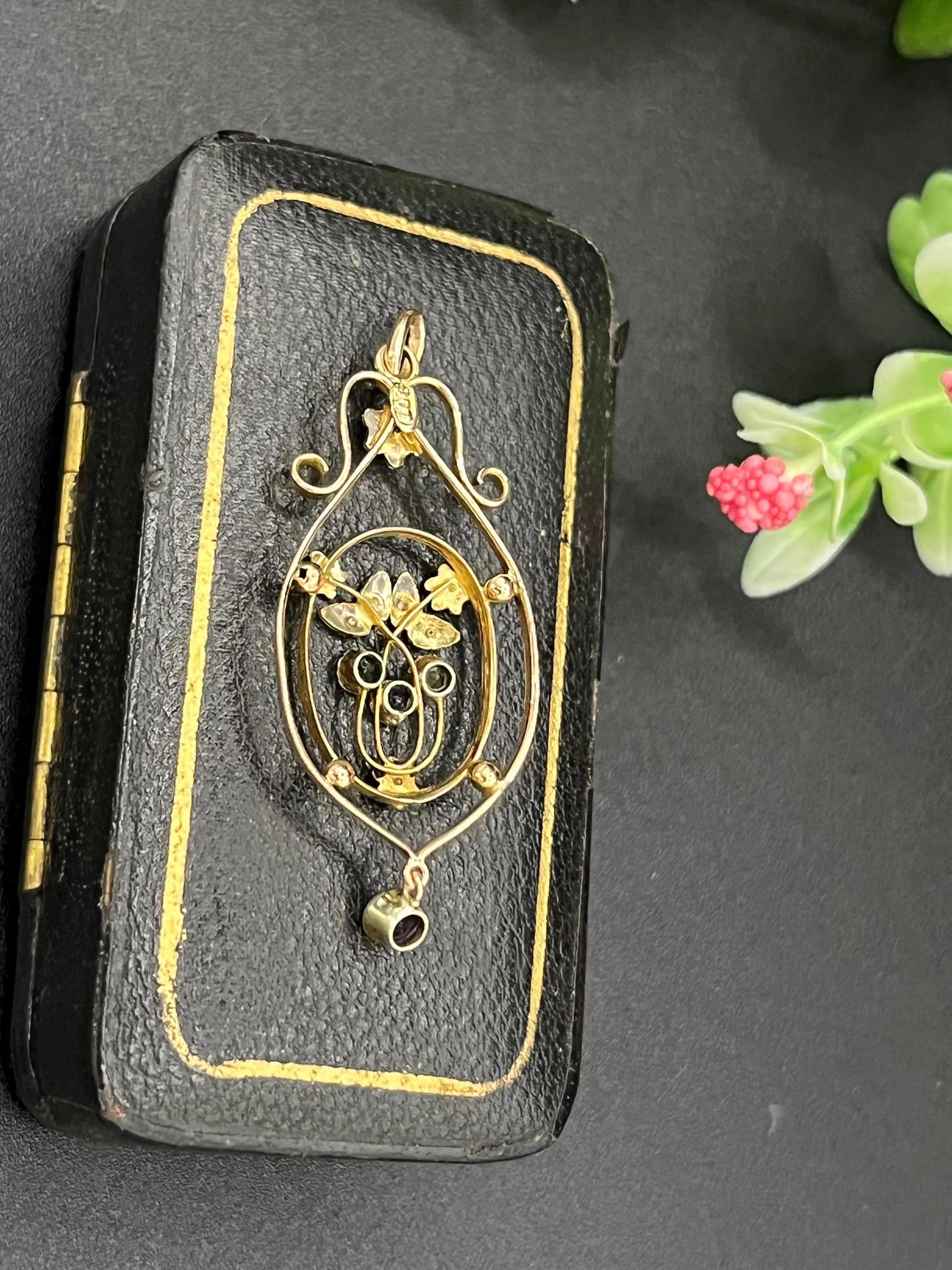 Edwardian Antique 9ct Rose Gold, Peridot, Amethyst and Pearl Suffragette Pendant For Sale