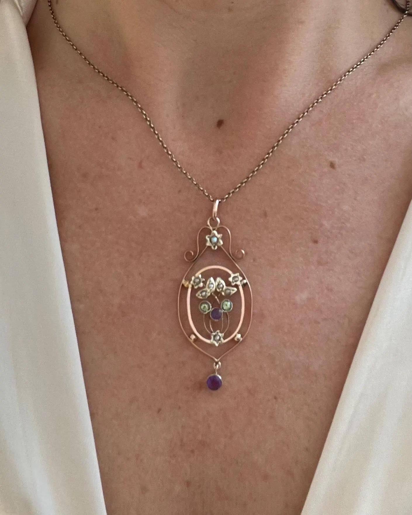 Women's or Men's Antique 9ct Rose Gold, Peridot, Amethyst and Pearl Suffragette Pendant For Sale