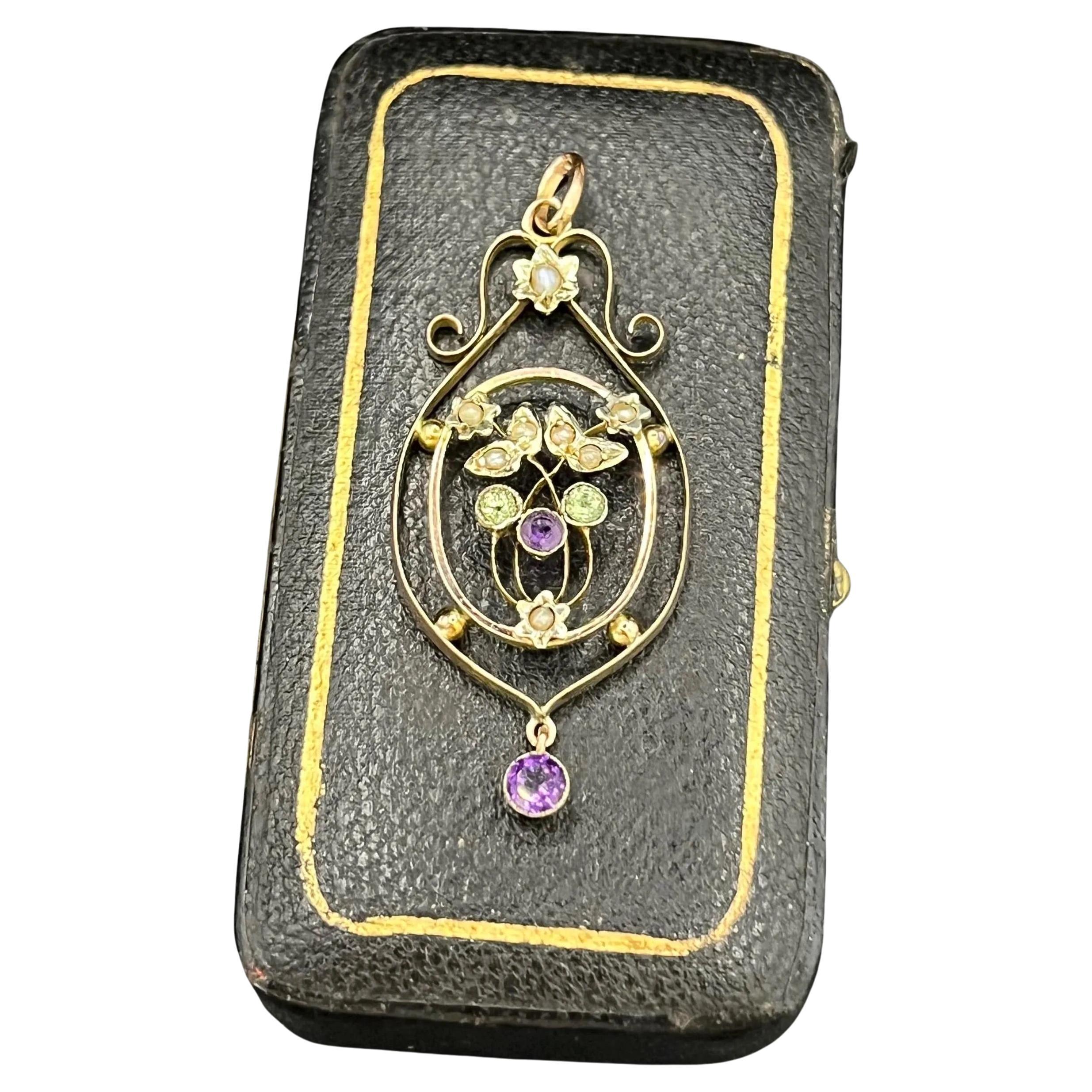 Antique 9ct Rose Gold, Peridot, Amethyst and Pearl Suffragette Pendant For Sale