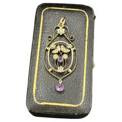 Antique 9ct Rose Gold, Peridot, Amethyst and Pearl Suffragette Pendant