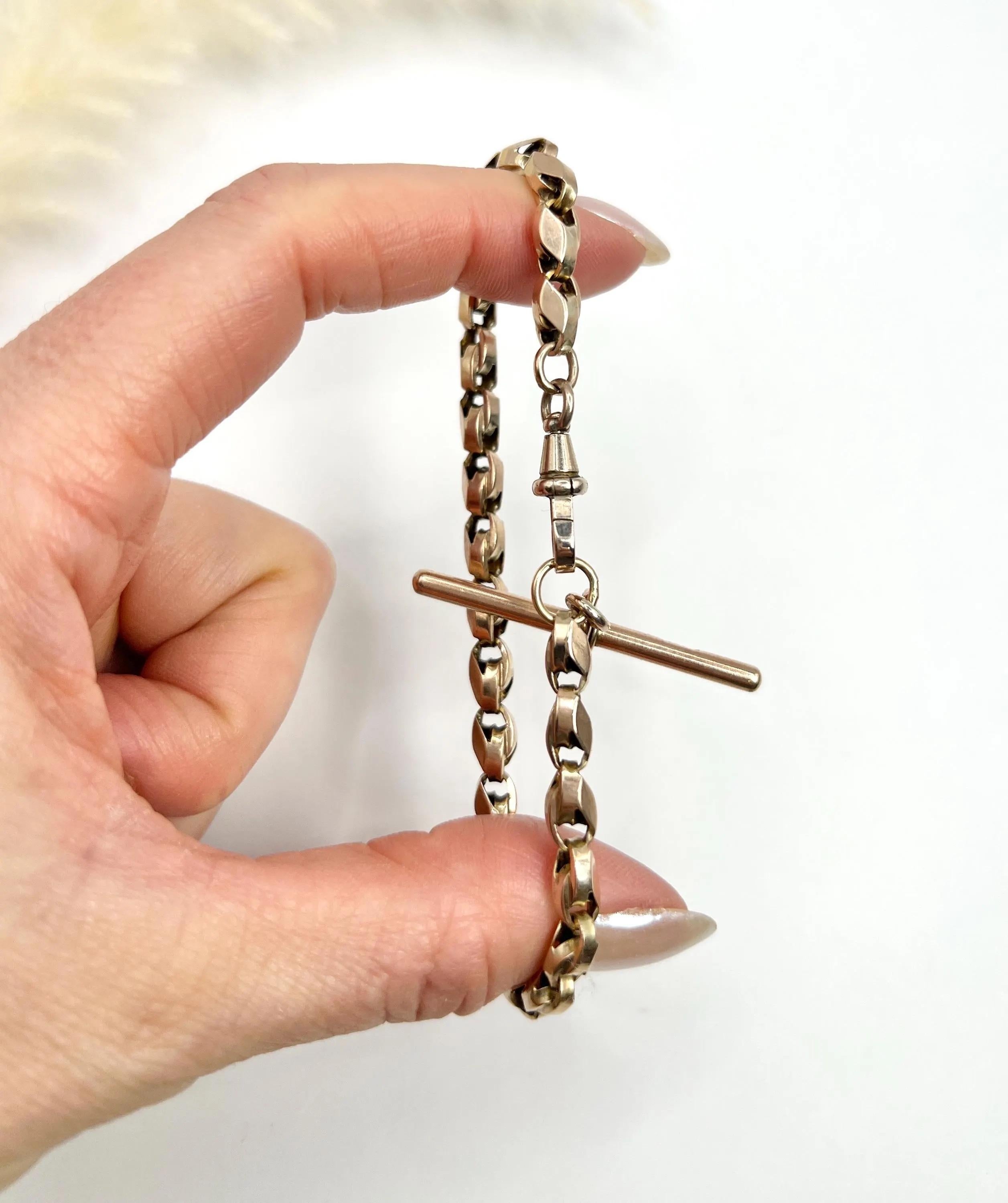 Antique 9ct Rose Gold Stamped, 8 Inch Edwardian Fancy Tulip Link T-bar Bracelet For Sale 6
