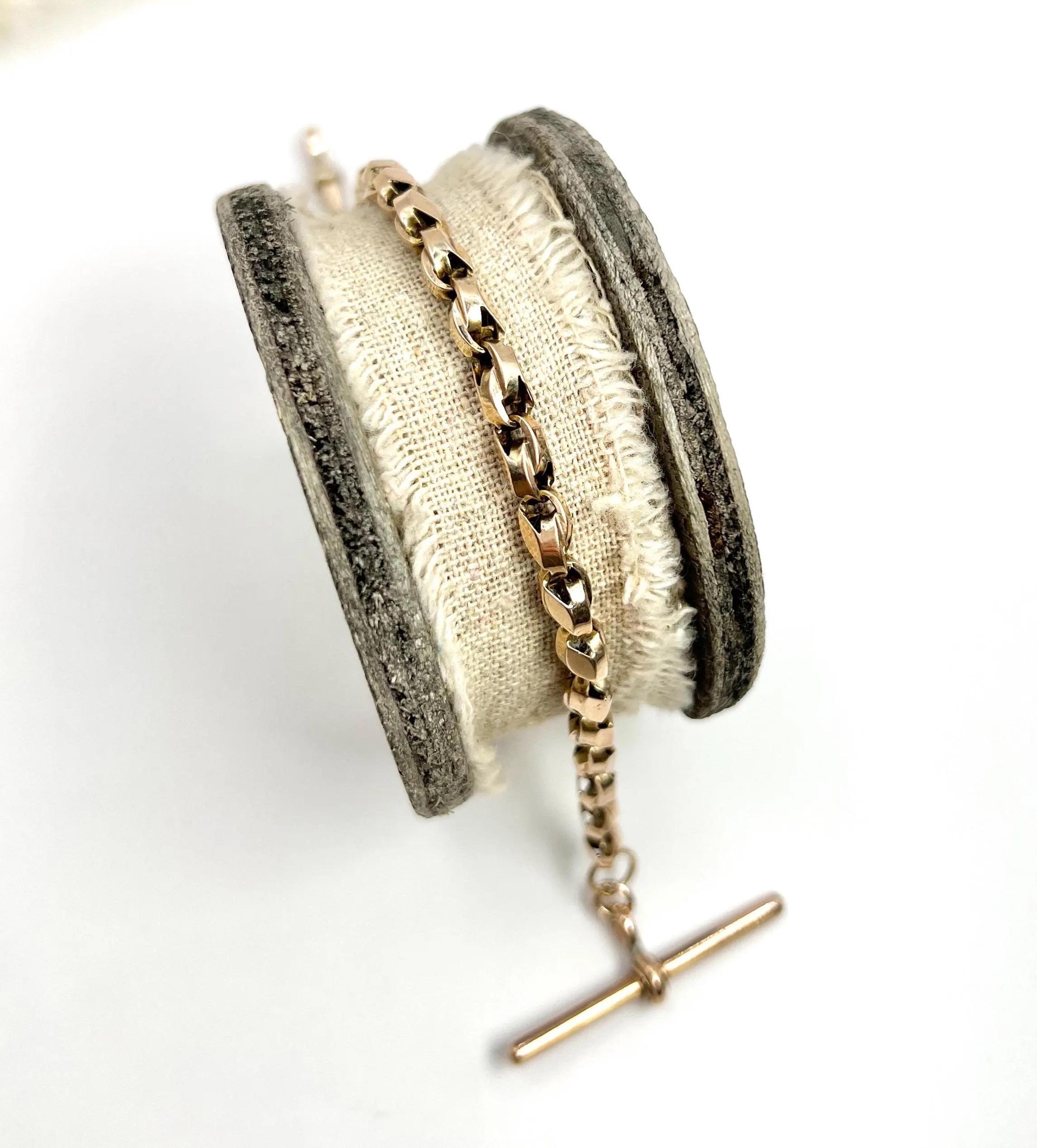 Antique 9ct Rose Gold Stamped, 8 Inch Edwardian Fancy Tulip Link T-bar Bracelet For Sale 7