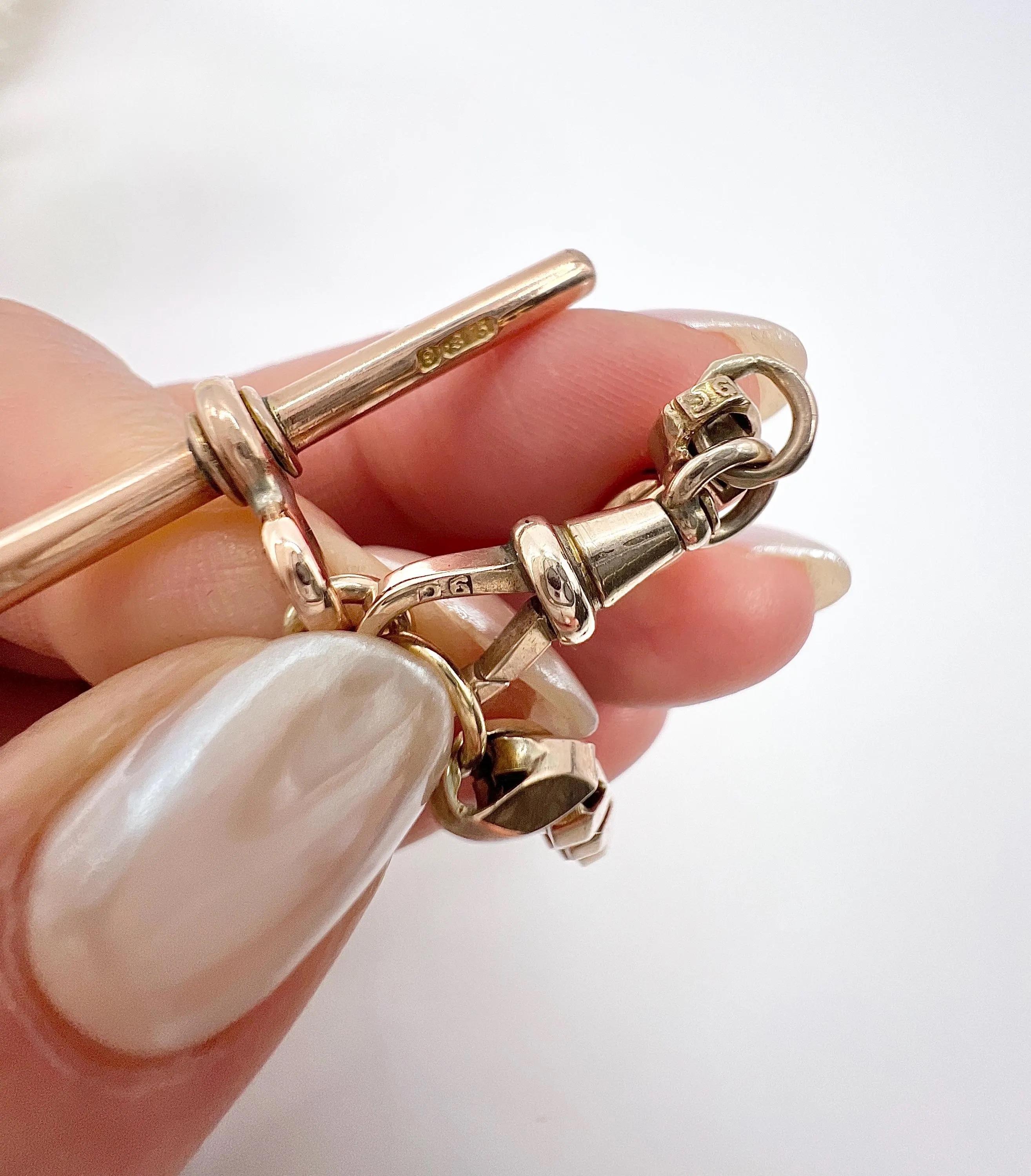 Women's or Men's Antique 9ct Rose Gold Stamped, 8 Inch Edwardian Fancy Tulip Link T-bar Bracelet For Sale