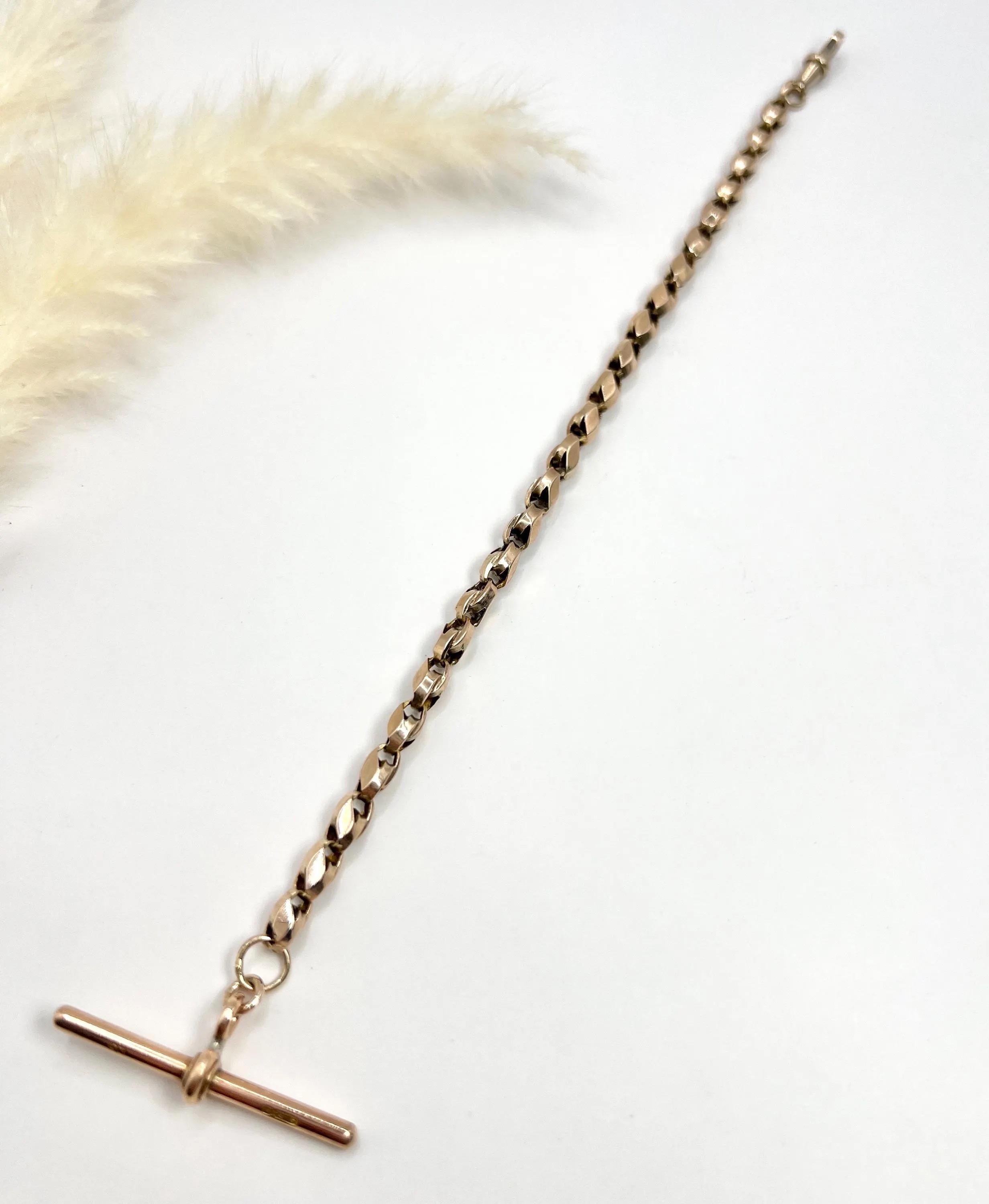 Antique 9ct Rose Gold Stamped, 8 Inch Edwardian Fancy Tulip Link T-bar Bracelet For Sale 1
