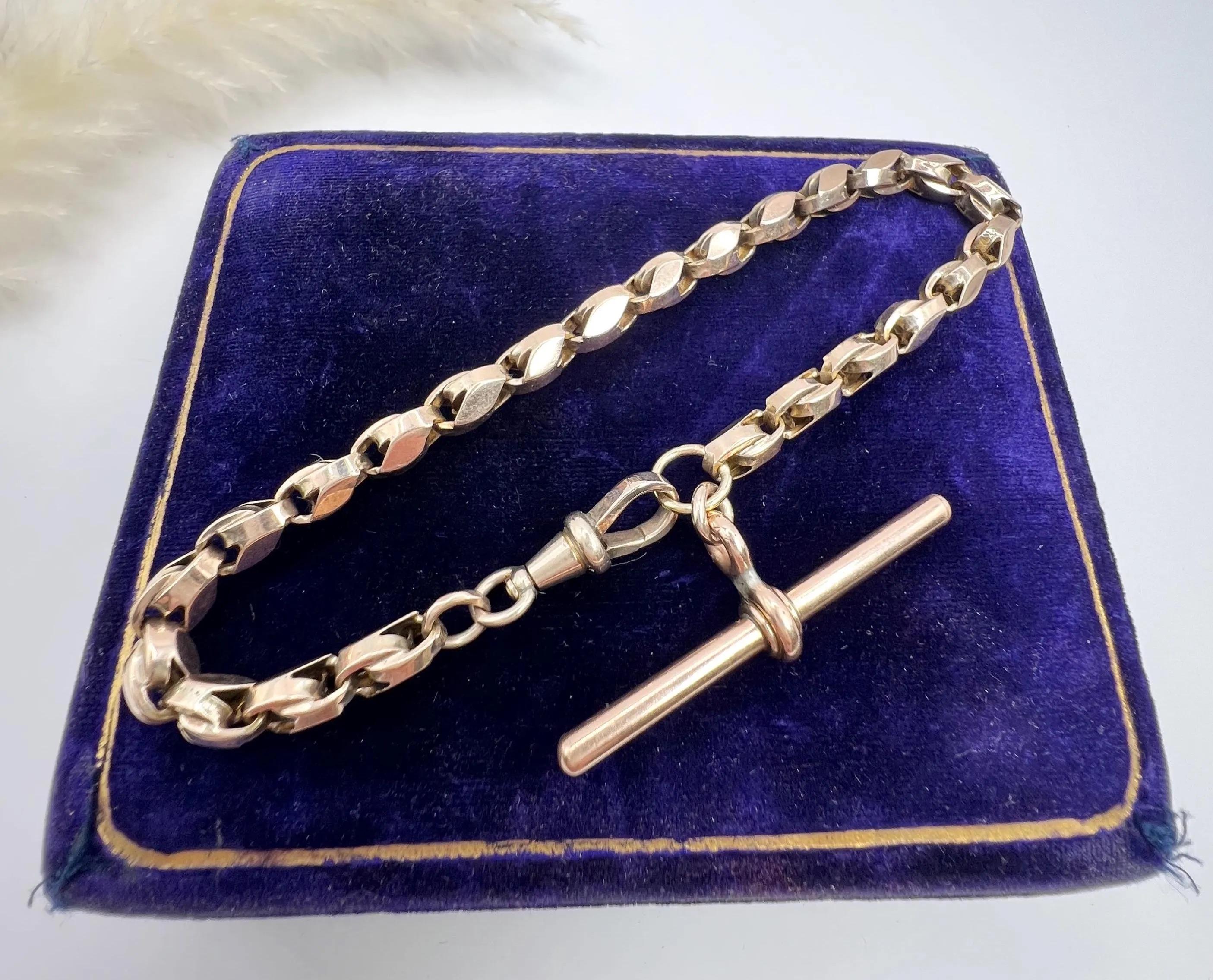 Antique 9ct Rose Gold Stamped, 8 Inch Edwardian Fancy Tulip Link T-bar Bracelet For Sale 2
