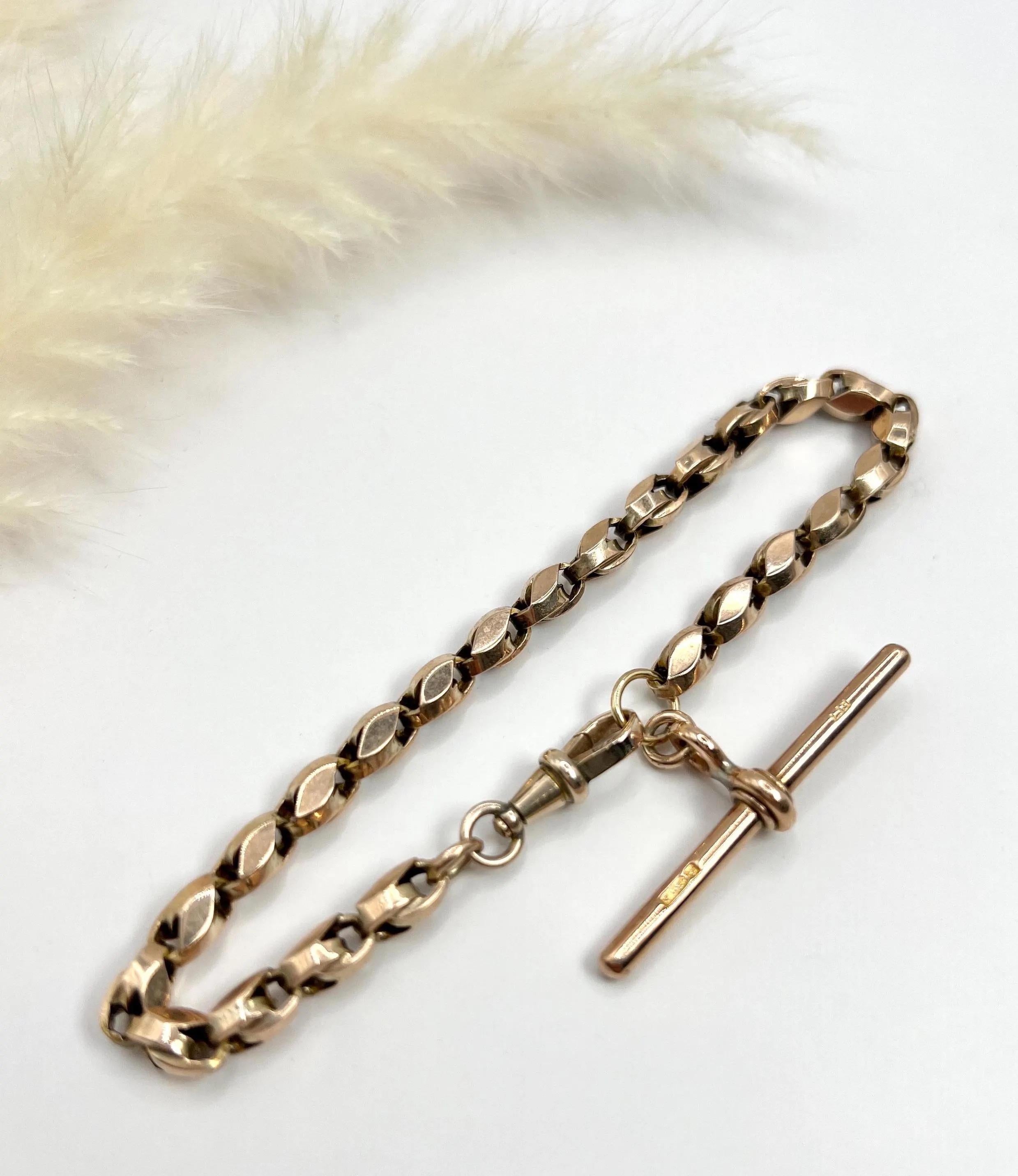 Antique 9ct Rose Gold Stamped, 8 Inch Edwardian Fancy Tulip Link T-bar Bracelet For Sale 3