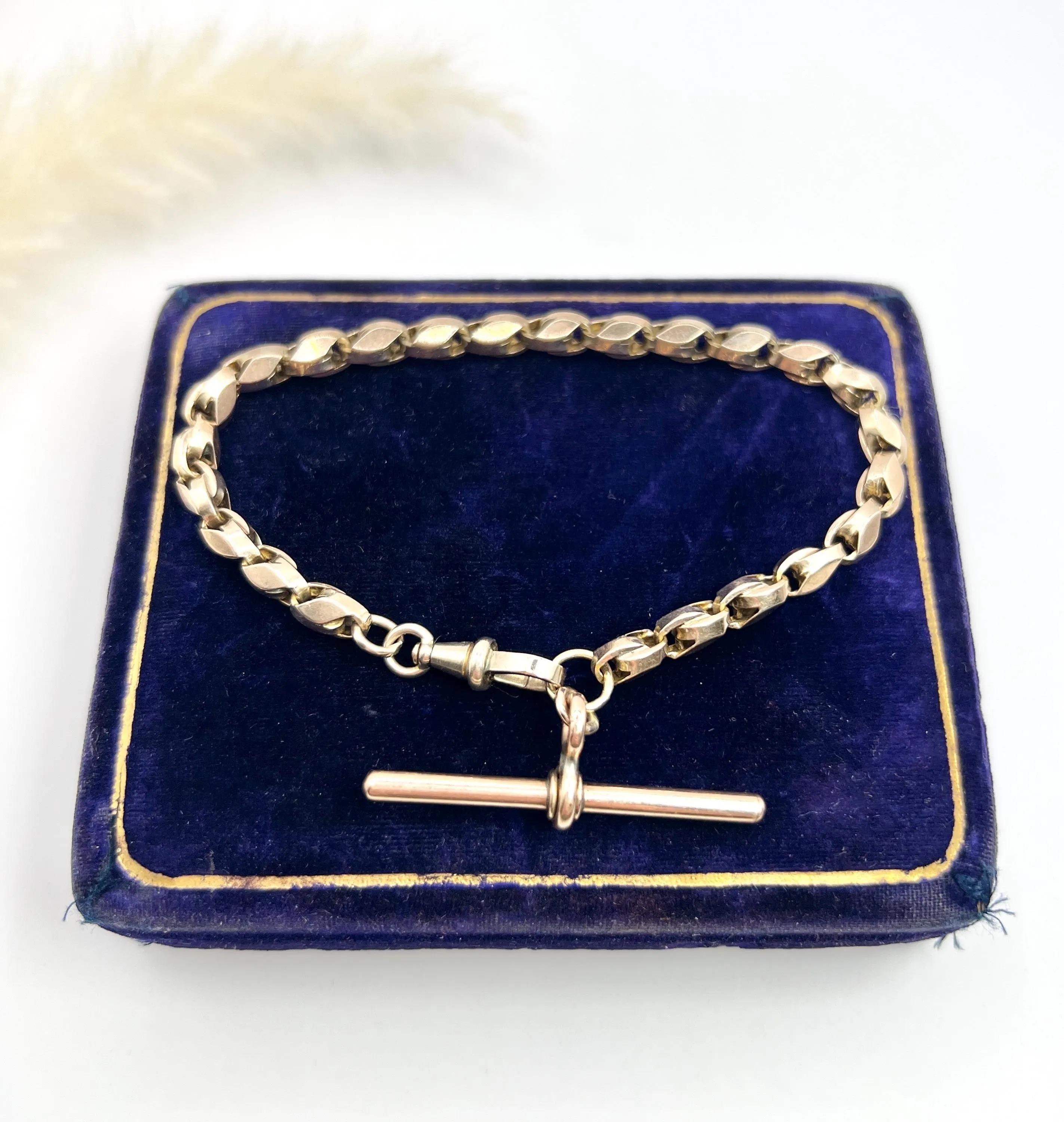 Antique 9ct Rose Gold Stamped, 8 Inch Edwardian Fancy Tulip Link T-bar Bracelet For Sale 4