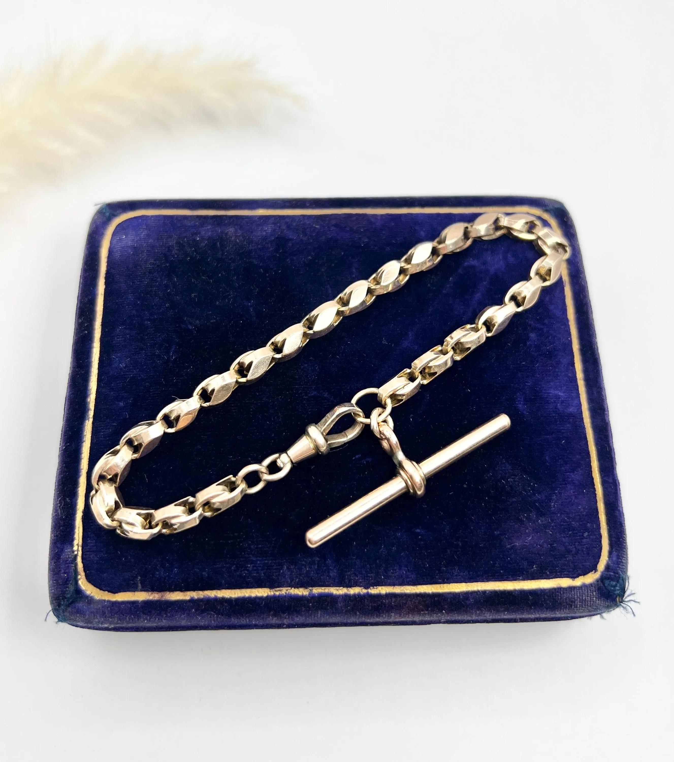 Antique 9ct Rose Gold Stamped, 8 Inch Edwardian Fancy Tulip Link T-bar Bracelet For Sale 5