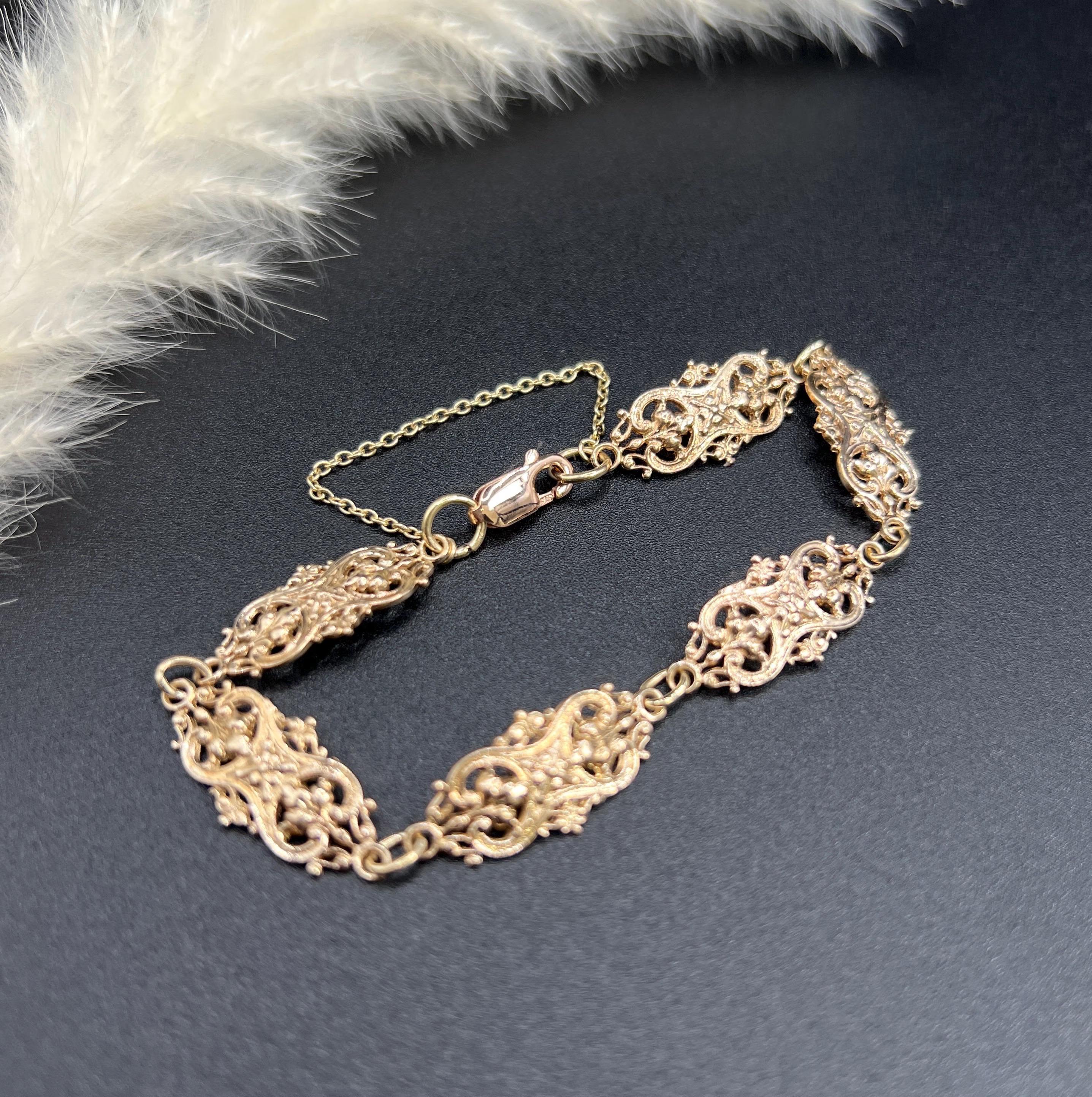 da uomo o donna Bracciale antico con timbro in oro rosa 9ct, Art Nouveau, ornato e con maglie fantasia in vendita