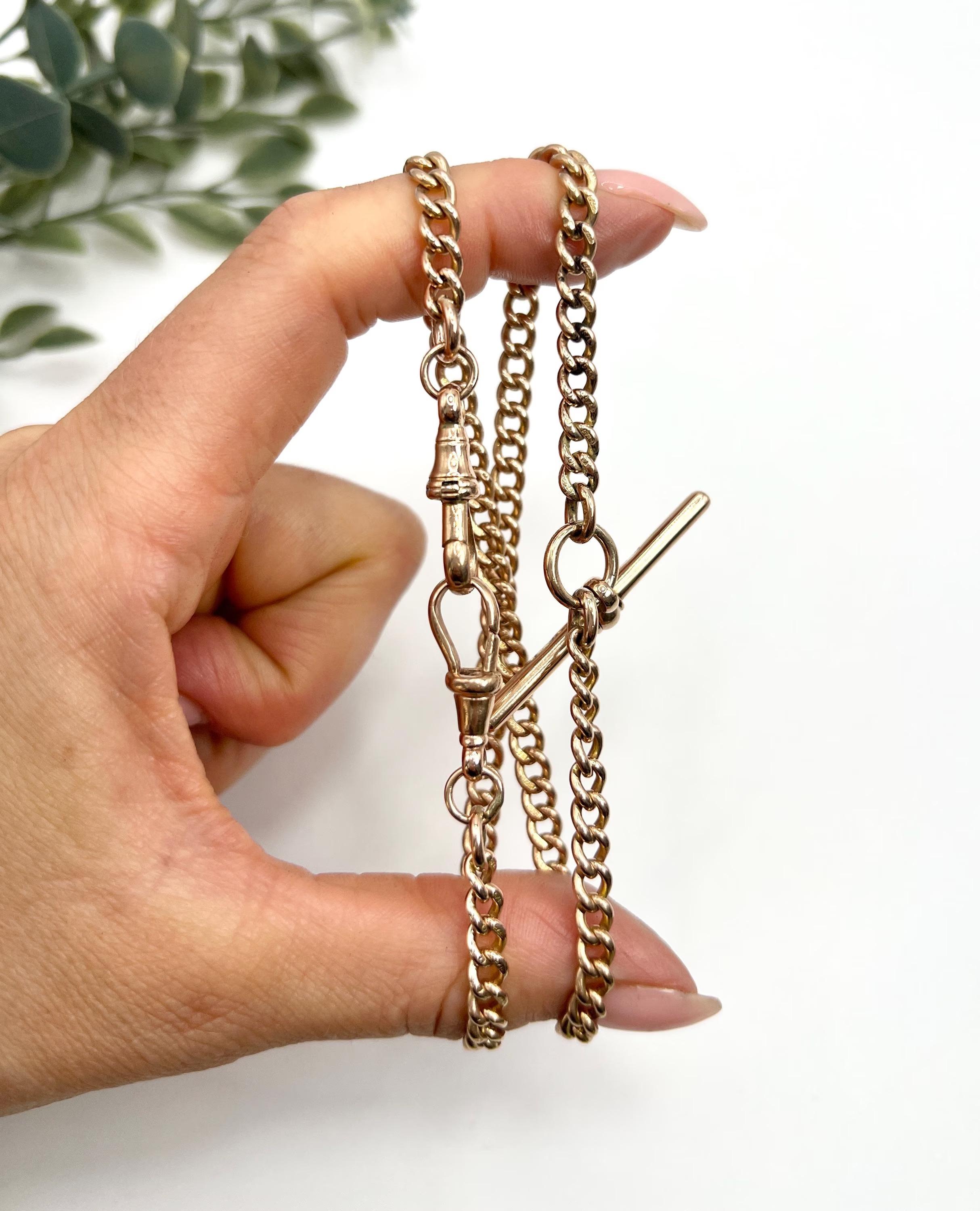 Antique 9ct Rose Gold Stamped, Edwardian 17 1/2 Inch Curb Link Albert Chain For Sale 6