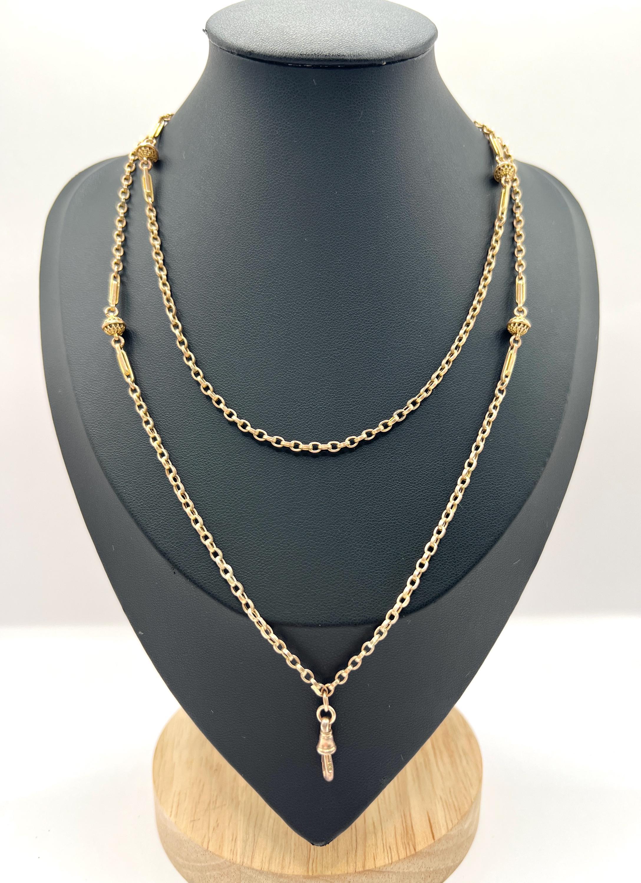 Edoardiano Antique 9ct Rose Gold Stamped, Edwardian 32.5 Inch Long Fancy Rolo Link Chain