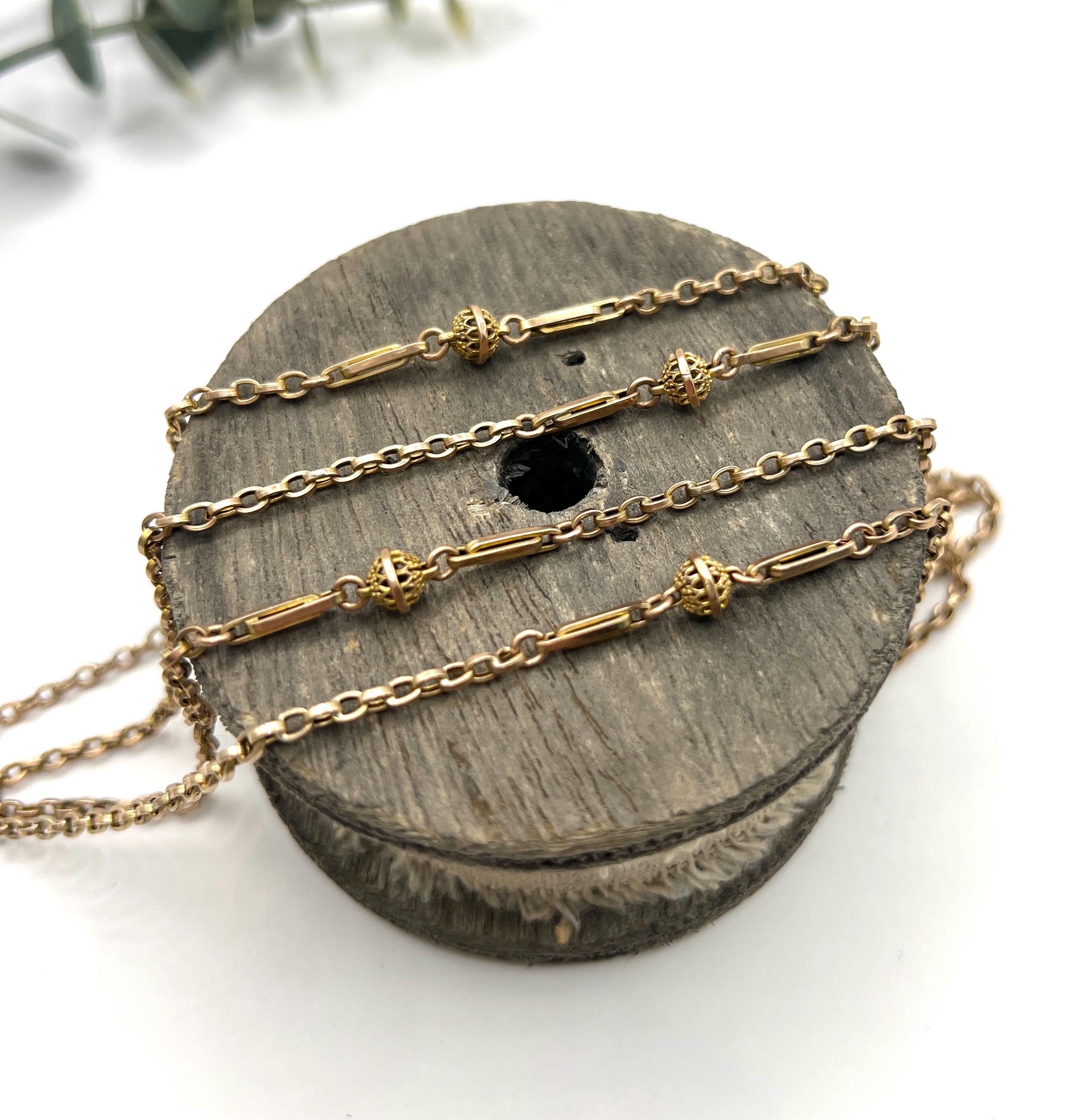 Antique 9ct Rose Gold Stamped, Edwardian 32.5 Inch Long Fancy Rolo Link Chain 4