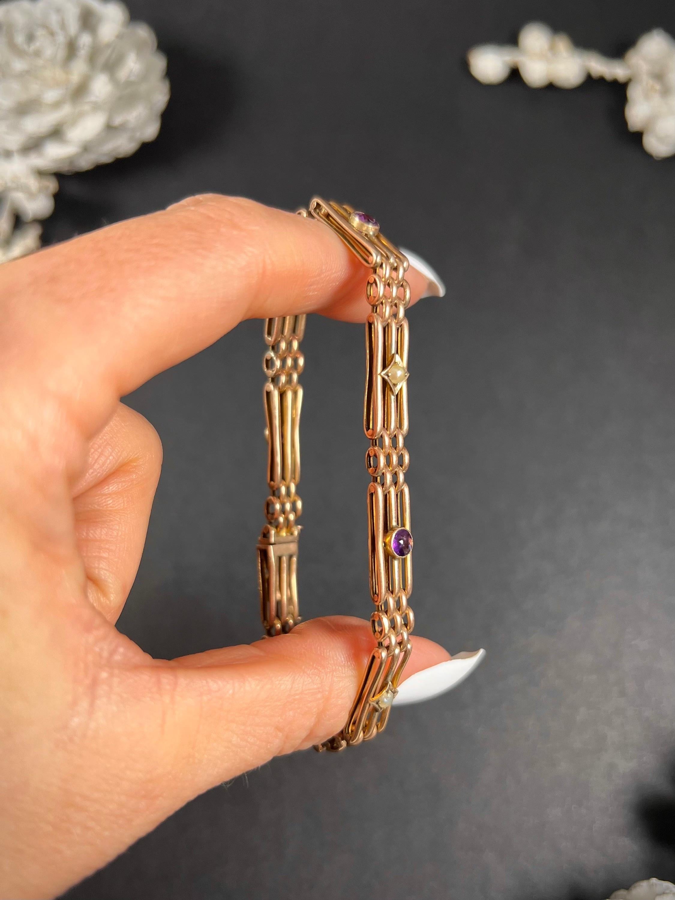Bracelet ancien en or rose 9ct estampillé, édouardien, améthyste et perles de rocaille en vente 4