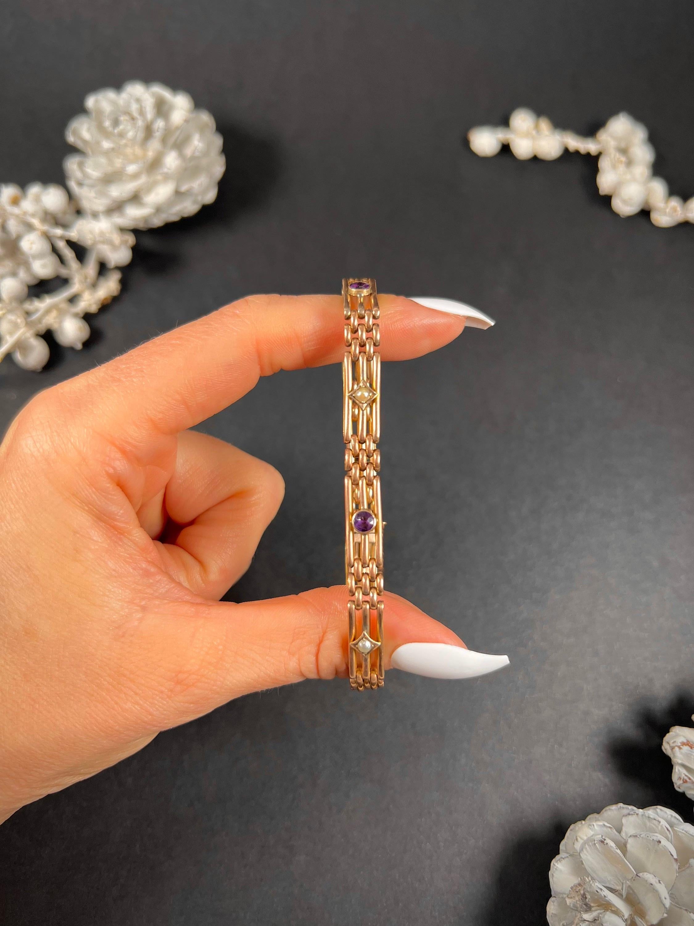 Bracelet ancien en or rose 9ct estampillé, édouardien, améthyste et perles de rocaille en vente 5