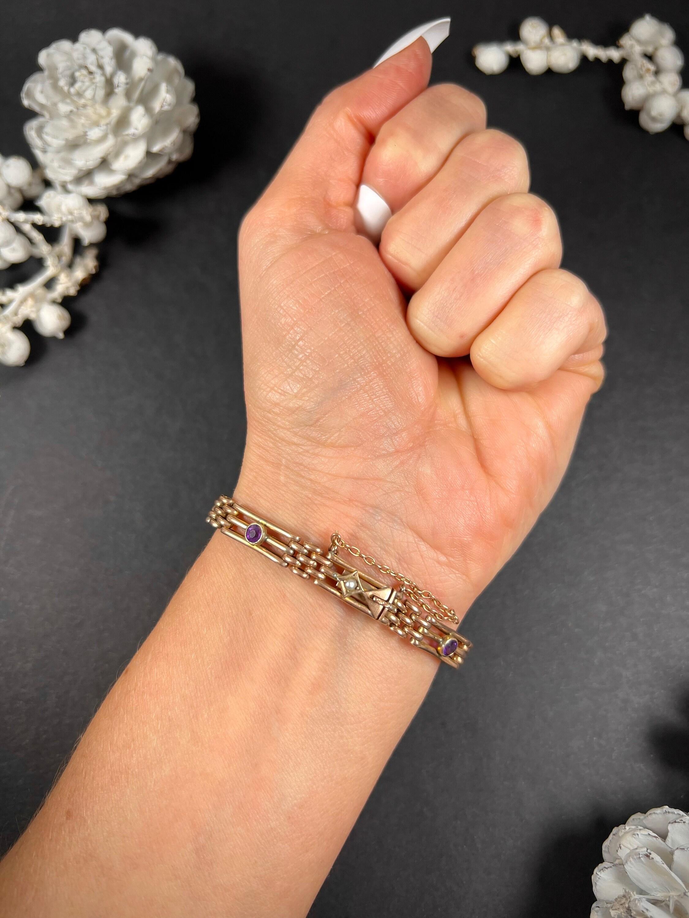 Édouardien Bracelet ancien en or rose 9ct estampillé, édouardien, améthyste et perles de rocaille en vente
