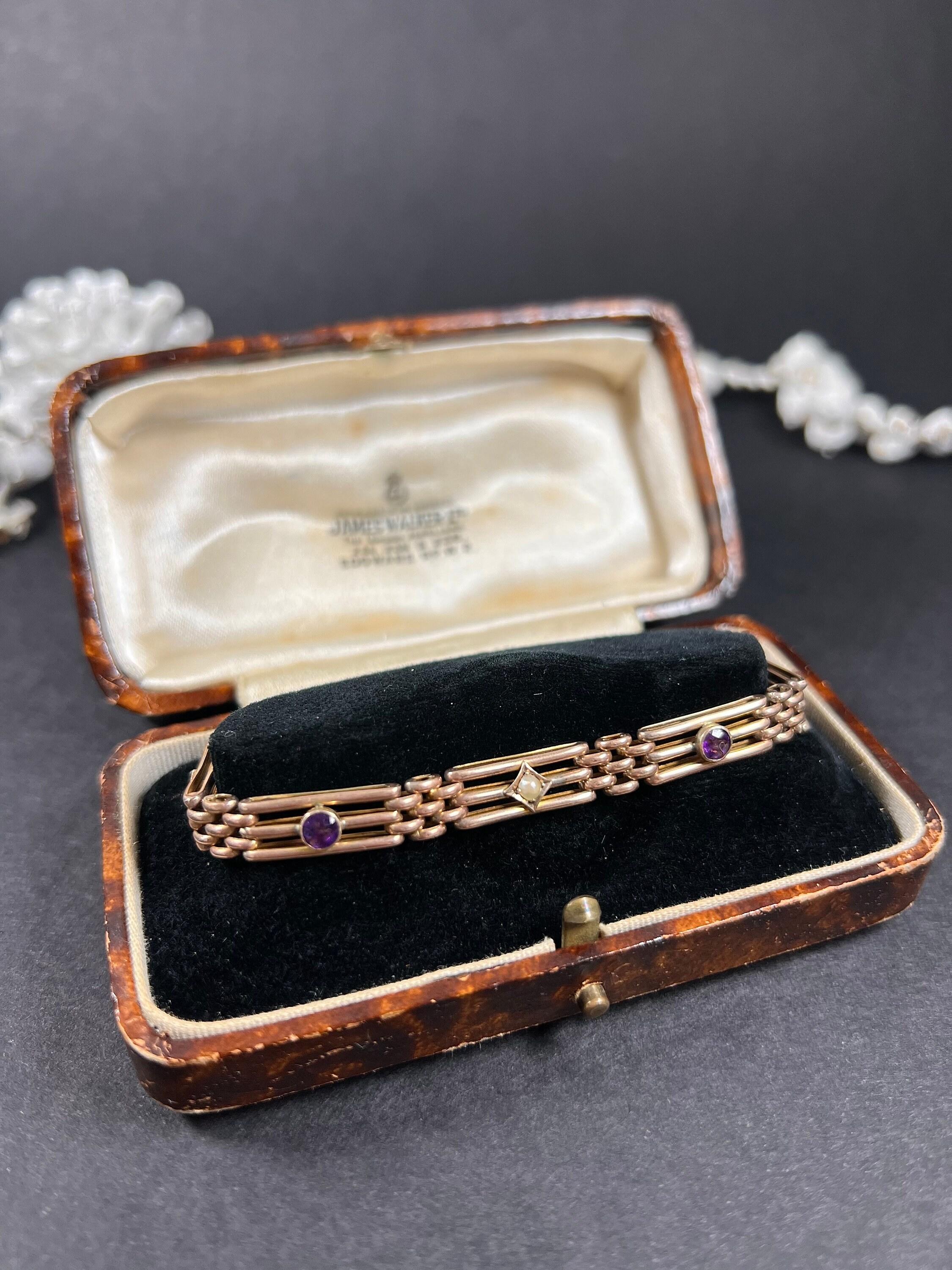 Bracelet ancien en or rose 9ct estampillé, édouardien, améthyste et perles de rocaille Unisexe en vente