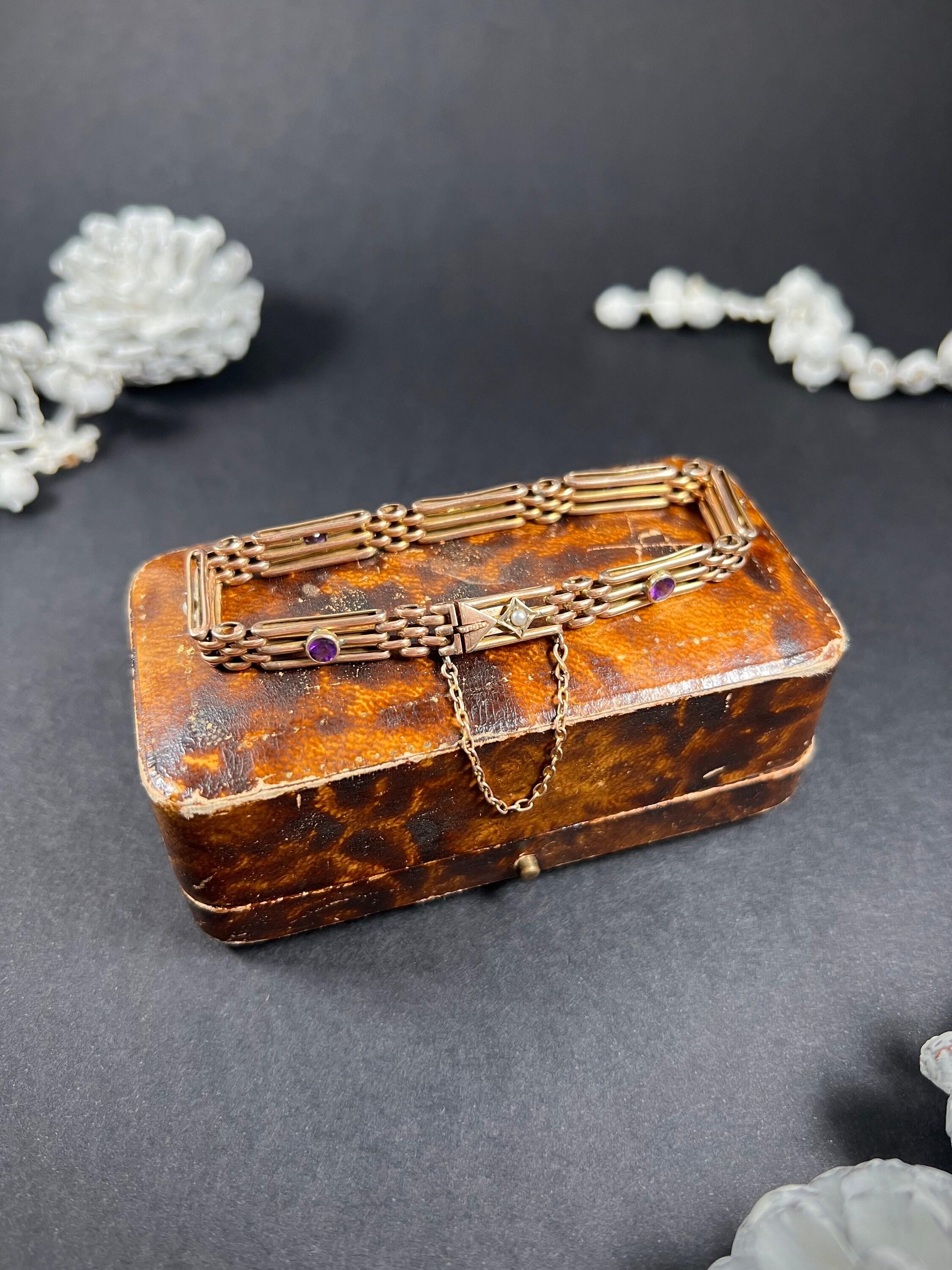Bracelet ancien en or rose 9ct estampillé, édouardien, améthyste et perles de rocaille en vente 1