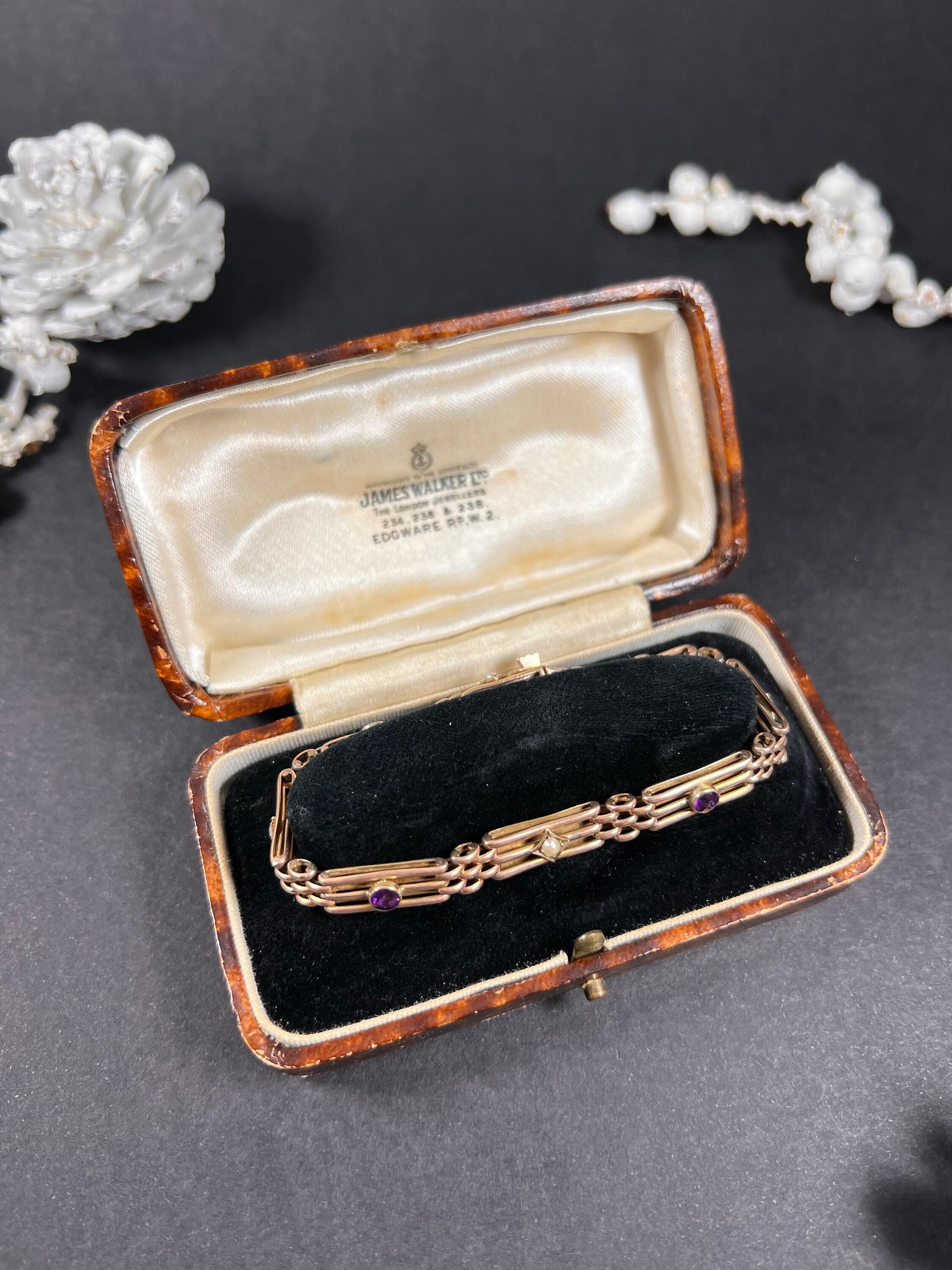 Bracelet ancien en or rose 9ct estampillé, édouardien, améthyste et perles de rocaille en vente 3