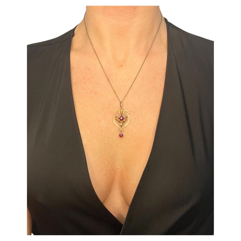 Collier Ancien En Or 9 Carats Et Argent Massif Avec Diamant, Perle Rose Et Grenats