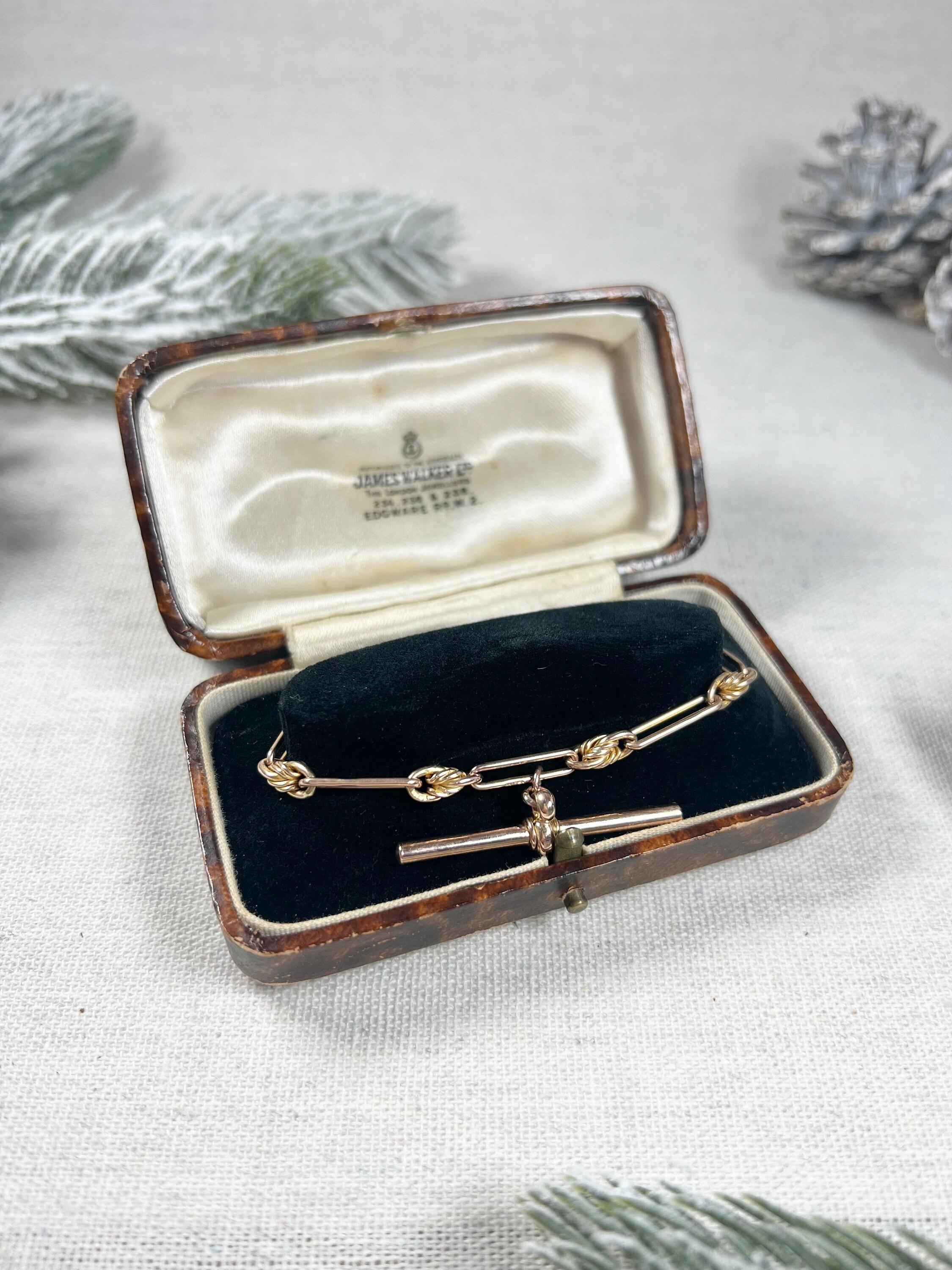 Women's or Men's Antique 9ct Rose Gold Stamped, Edwardian Trombone & Knot Link Albert Bracelet For Sale
