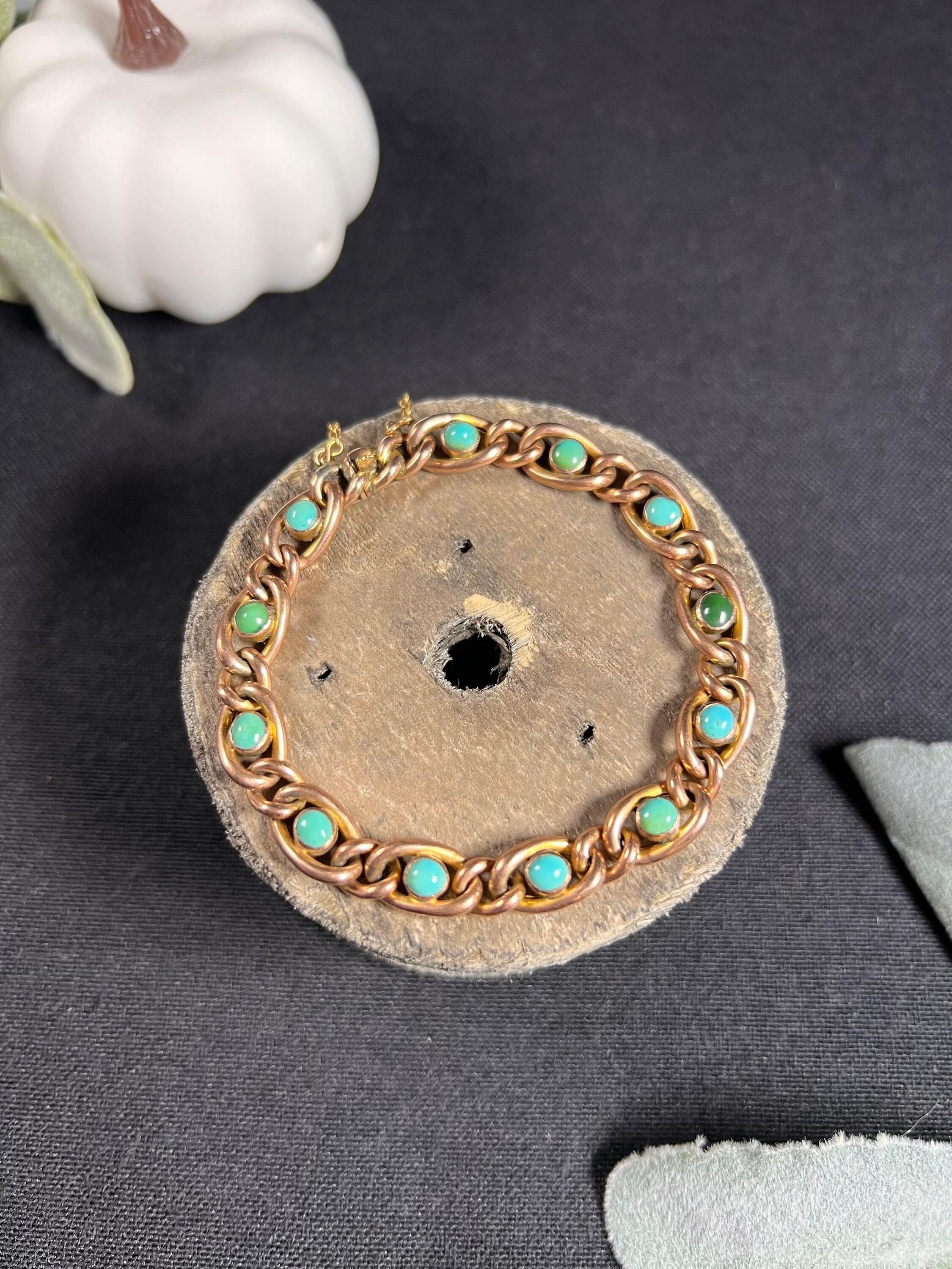 Antique 9ct Rose Gold Stamped, Victorian Open Curb Link Turquoise Bracelet For Sale 6