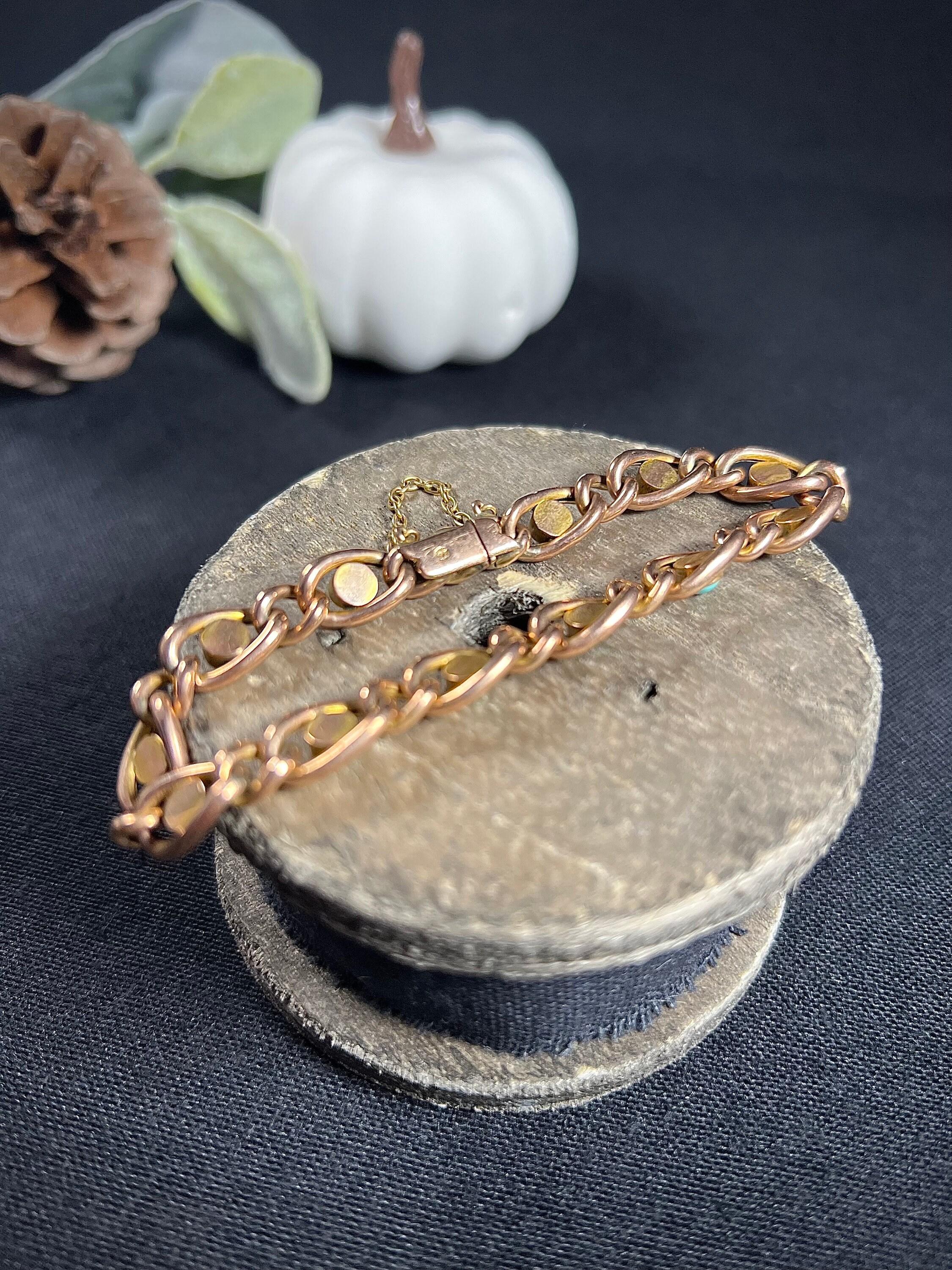 Antique 9ct Rose Gold Stamped, Victorian Open Curb Link Turquoise Bracelet In Good Condition In Brighton, GB