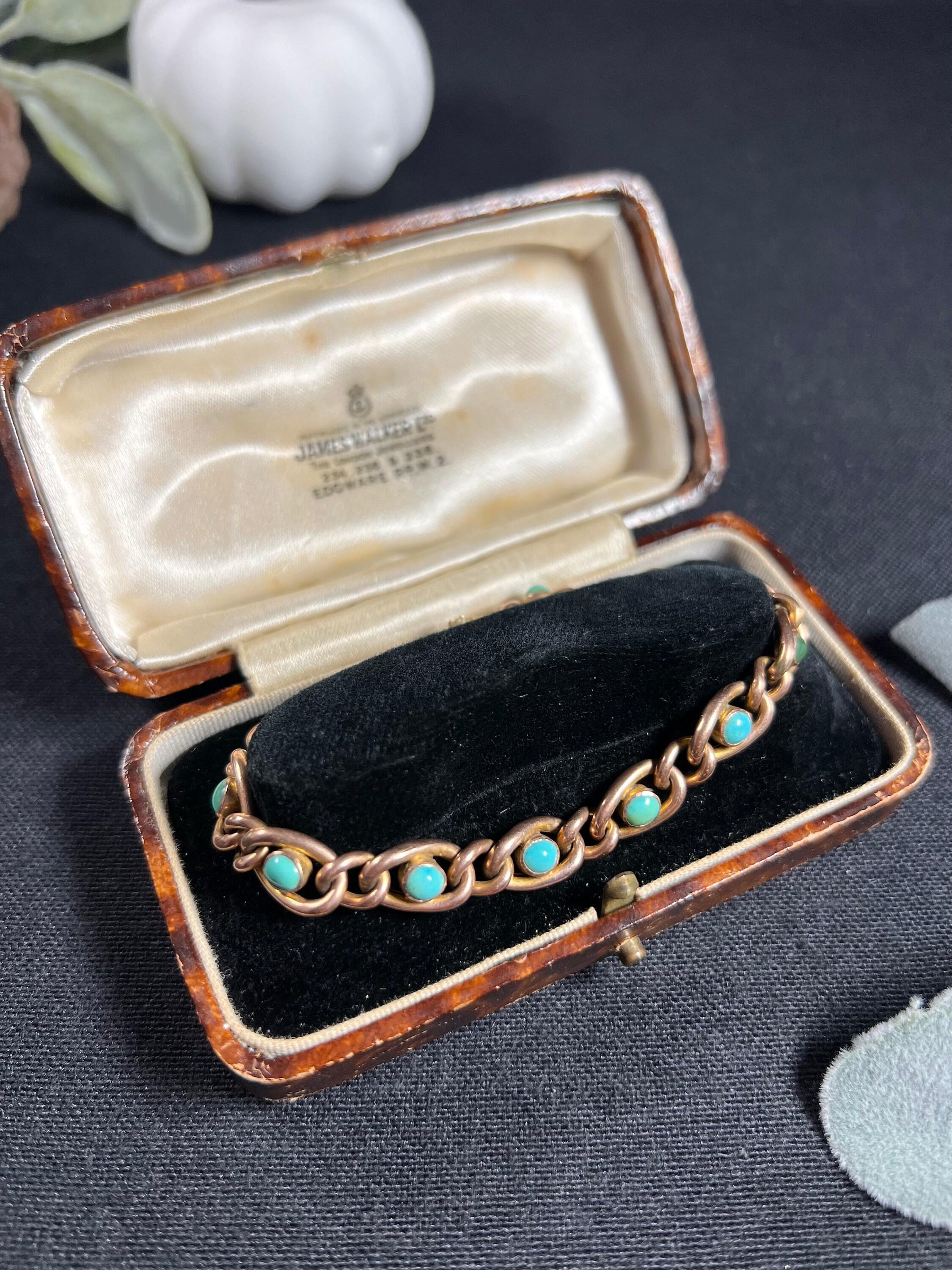 Antique 9ct Rose Gold Stamped, Victorian Open Curb Link Turquoise Bracelet 1