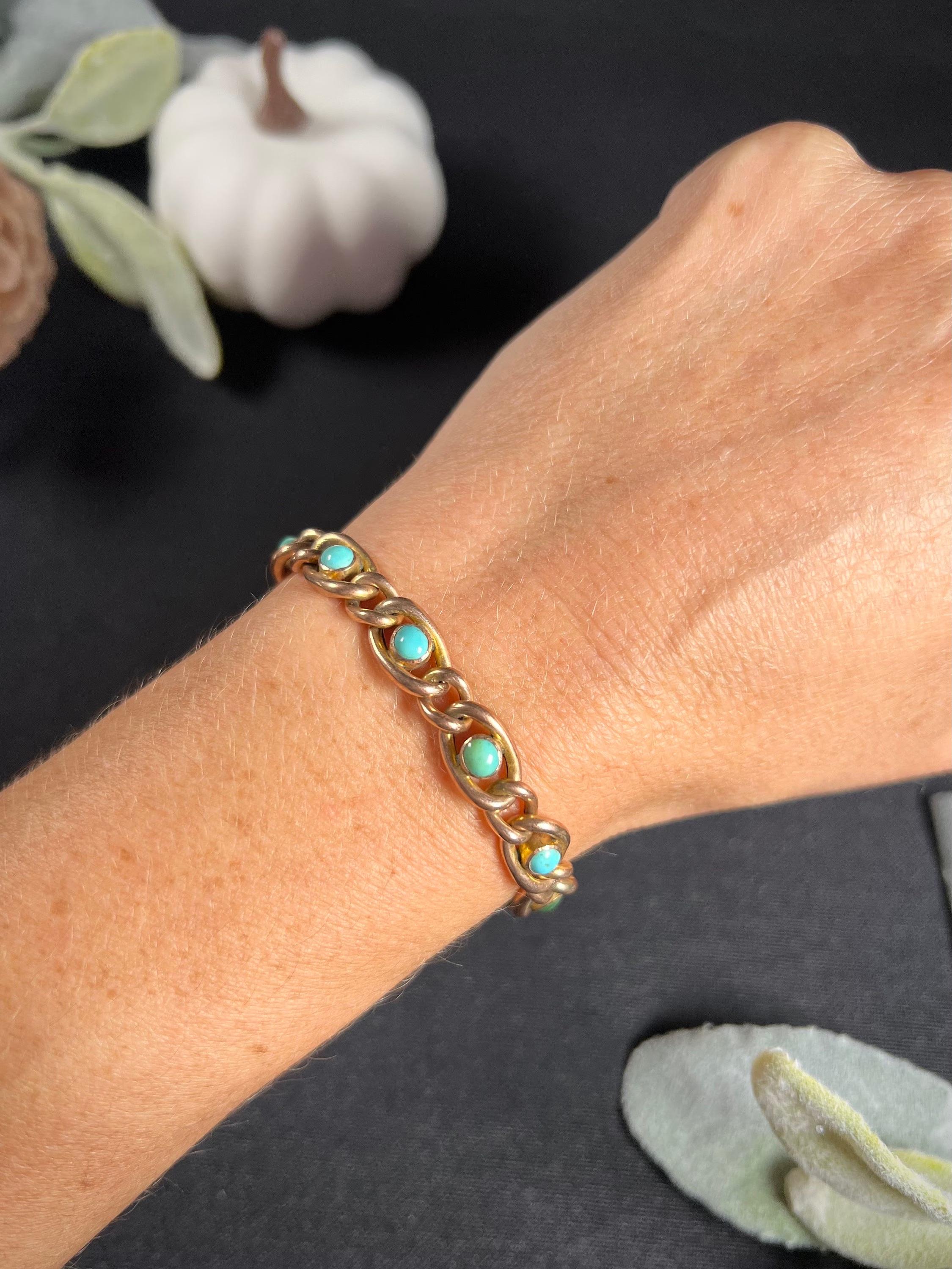 Antique 9ct Rose Gold Stamped, Victorian Open Curb Link Turquoise Bracelet 3