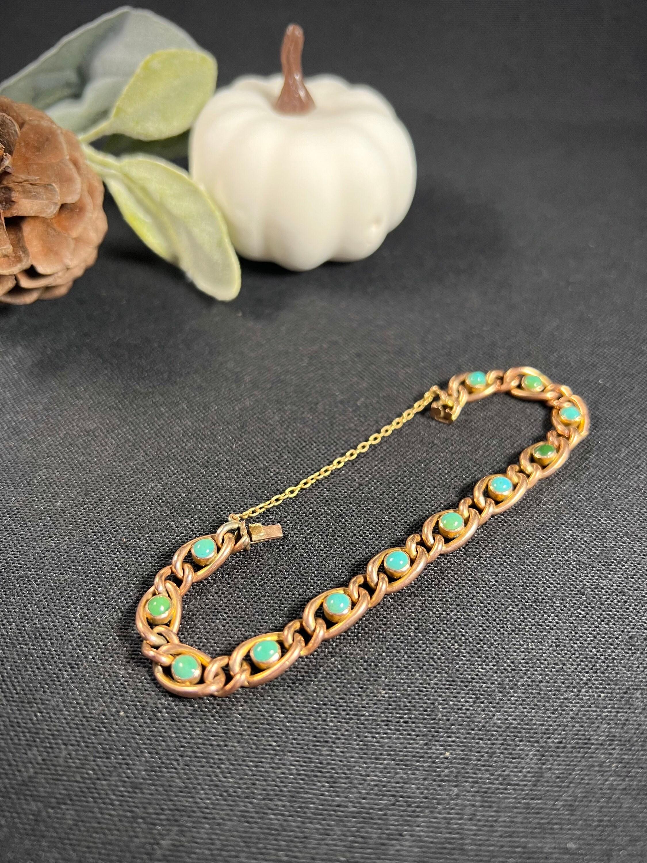 Antique 9ct Rose Gold Stamped, Victorian Open Curb Link Turquoise Bracelet For Sale 4