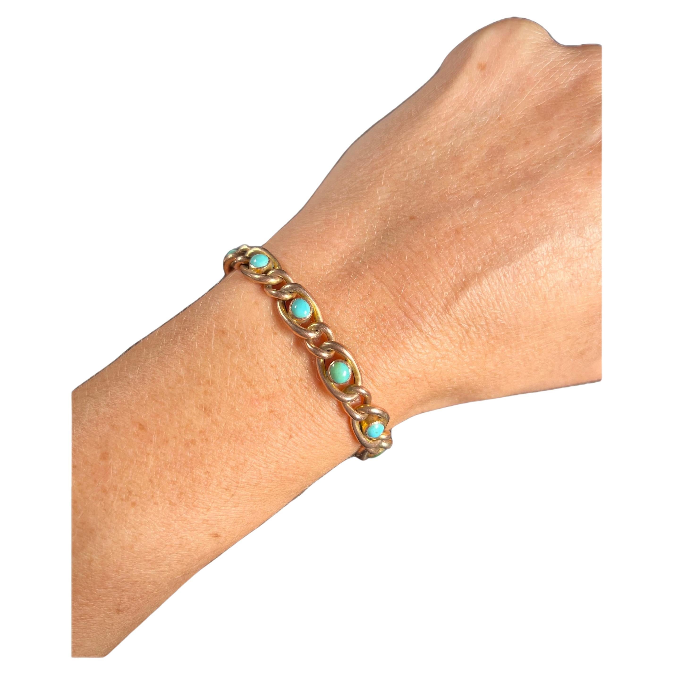 Antique 9ct Rose Gold Stamped, Victorian Open Curb Link Turquoise Bracelet For Sale