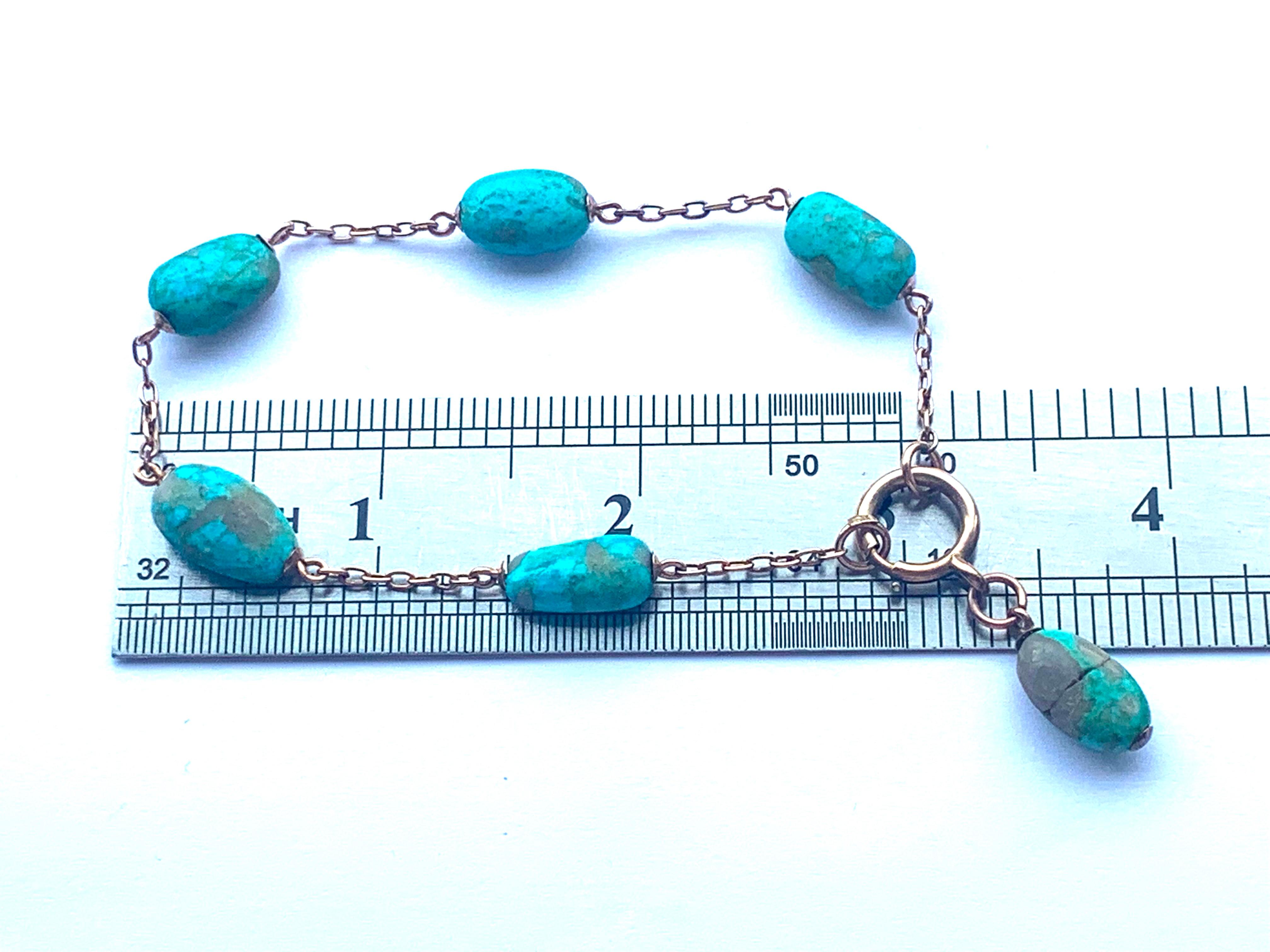 Antique 9ct Rose Gold Turquoise Nugget Bracelet In Good Condition In London, GB