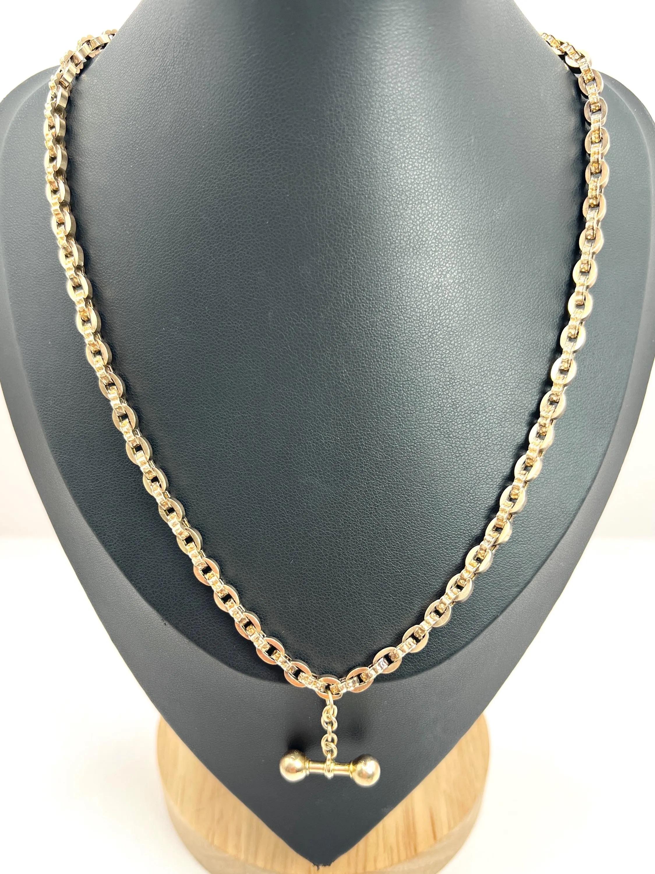 Victorien Antique 9ct Rose Gold Victorian 17 3/4 Inch Fancy Rolo Link T-bar Chain Necklace en vente
